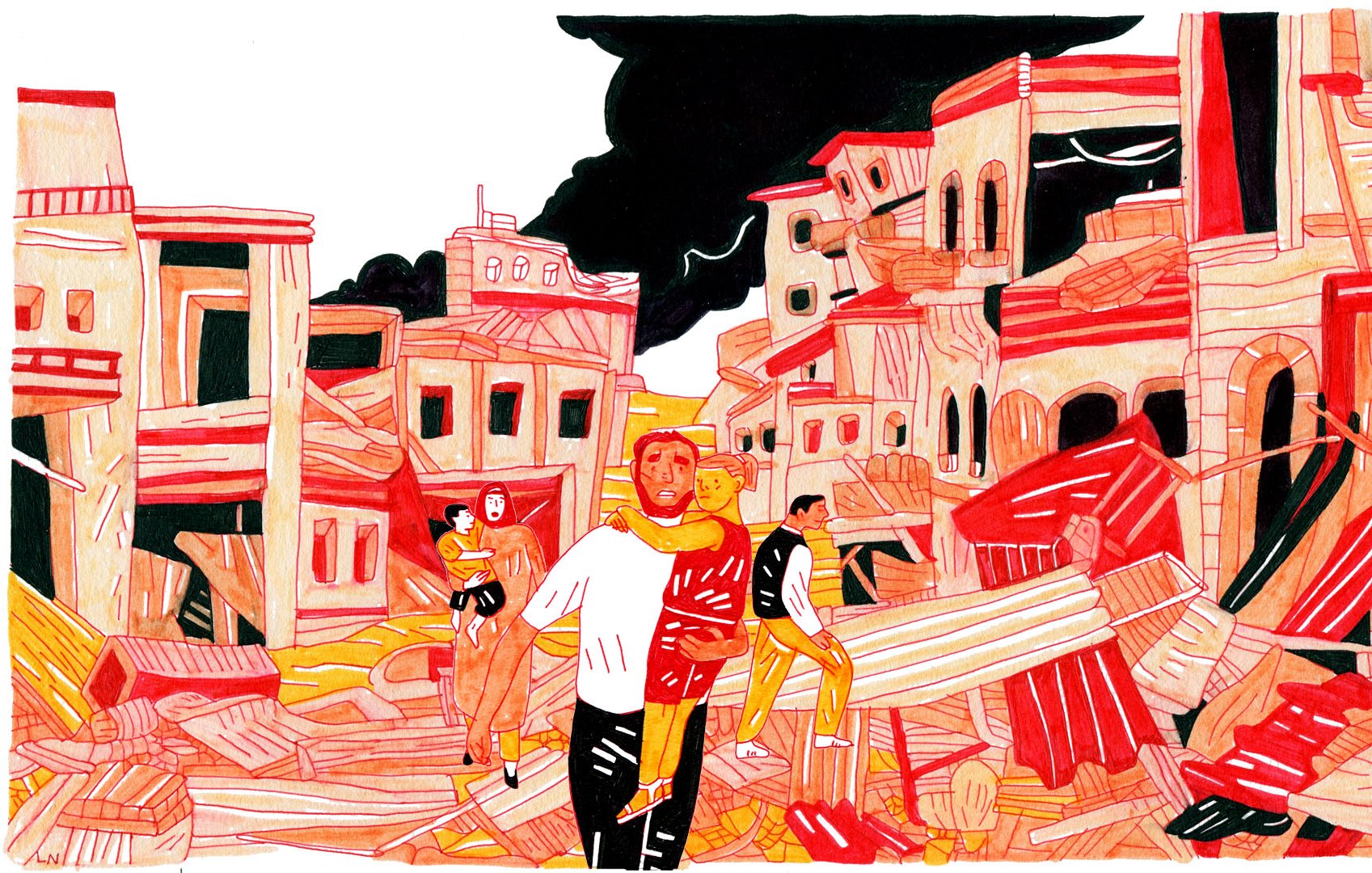 L'image représente une scène urbaine dévastée, avec des bâtiments en ruines et des débris éparpillés dans toute la zone. Au premier plan, on peut voir plusieurs personnes, parmi lesquelles un homme portant une tenue de protection rouge. Les autres figures semblent traverser les débris, et l'ensemble de la composition est dominé par des tons rouge et beige, créant une atmosphère intense et dramatique. Le ciel est sombre, suggérant une ambiance lourde et pesante.