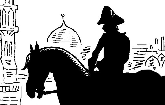 L'image représente une silhouette d'un cavalier sur un cheval, observant un paysage urbain. On peut voir des structures architecturales typiques, comme des mosquées et des minarets, en arrière-plan. Le cavalier est vêtu d'une tenue militaire, qui indique peut-être une période historique spécifique. L'ensemble de l'image est en noir et blanc, ce qui renforce le côté dramatique et artistique de la scène.