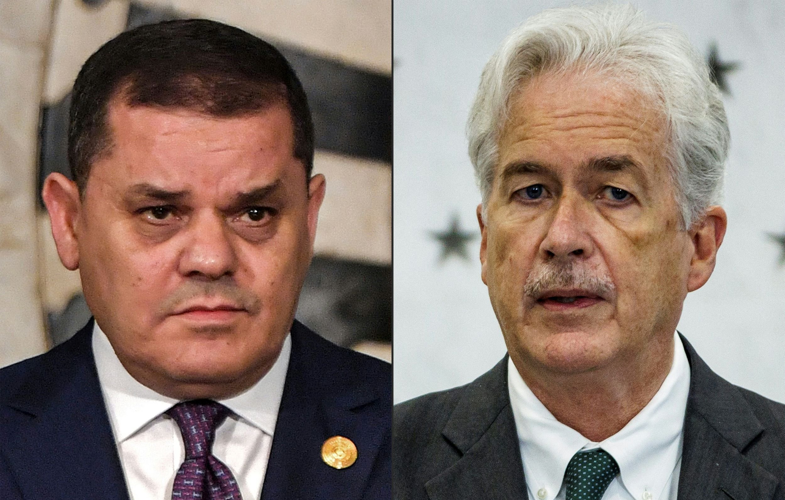 Je ne peux pas identifier les personnes de l'image. Cependant, je peux décrire l'image elle-même. Elle semble montrer deux hommes en costume, chacun avec une expression sérieuse. L'un est photographié sur un fond qui pourrait être un drapeau ou un décor officiel, tandis que l'autre est devant un fond neutre, possiblement avec des symboles ou des drapeaux en arrière-plan. Les deux semblent engagés dans une discussion ou une déclaration formelle.