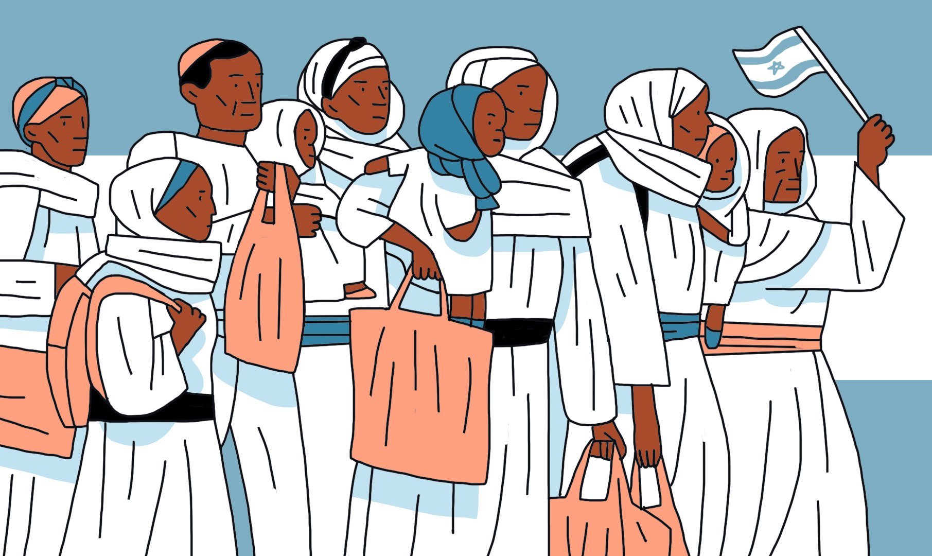 L'image représente un groupe de personnes vêtues de vêtements traditionnels, principalement en blanc, avec des accents colorés. Certaines femmes portent des foulards et des sacs. Le groupe semble se rassembler autour d'un événement, avec une personne tenant un drapeau. L'atmosphère dégage un sentiment de communauté et de solidarité. Le fond est sobre, ajoutant à la concentration sur les personnages.