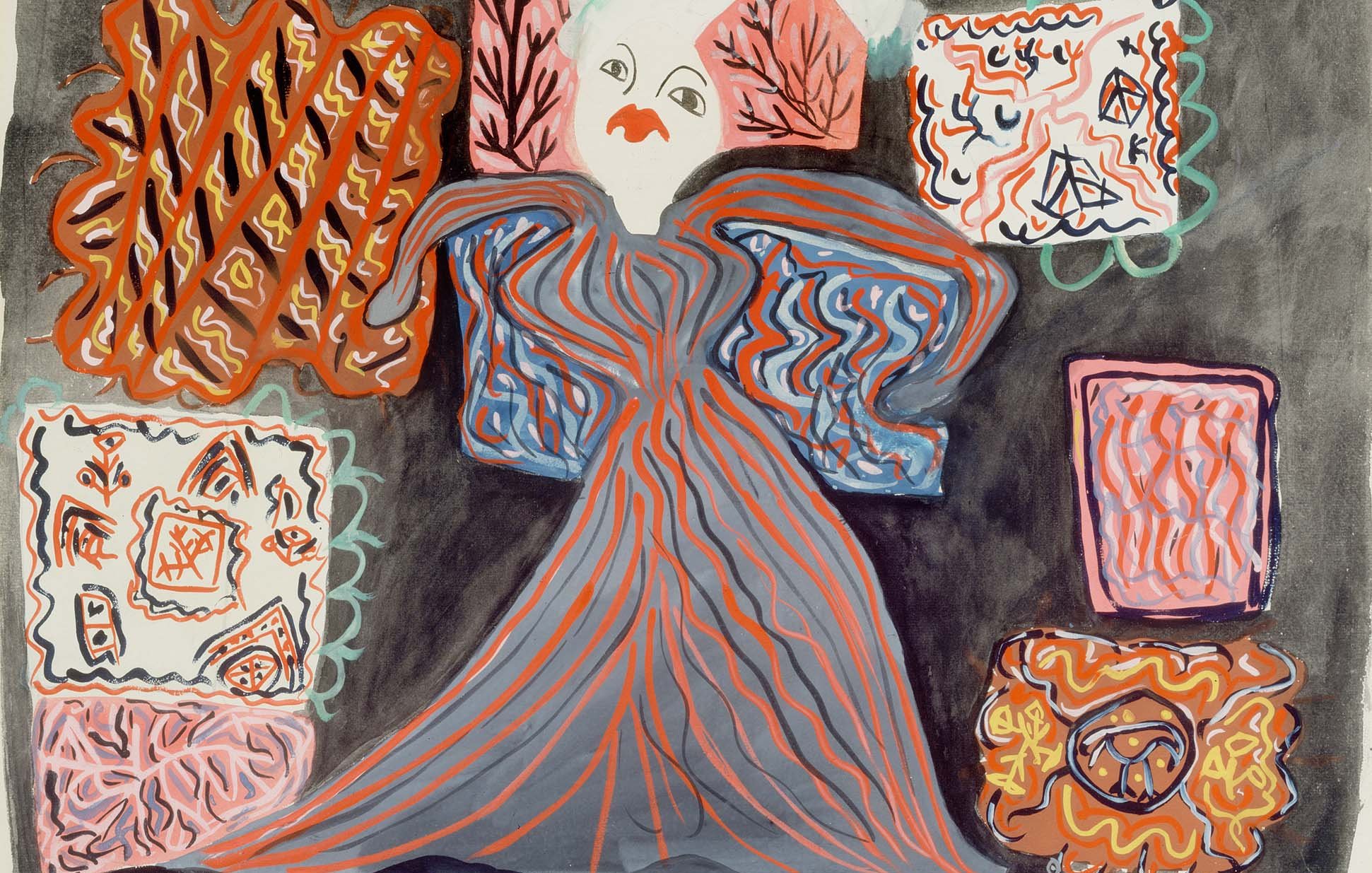 L'image montre une œuvre abstraite avec une figure stylisée au centre, vêtue d'une robe fluide. La silhouette est entourée de motifs colorés et géométriques, avec des éléments en arrière-plan qui ajoutent de la texture. Les couleurs dominantes incluent des tons de rouge, de bleu et de noir, ce qui crée un contraste visuel dynamique. La réalisation semble expressivement moderne, évoquant une atmosphère artistique.