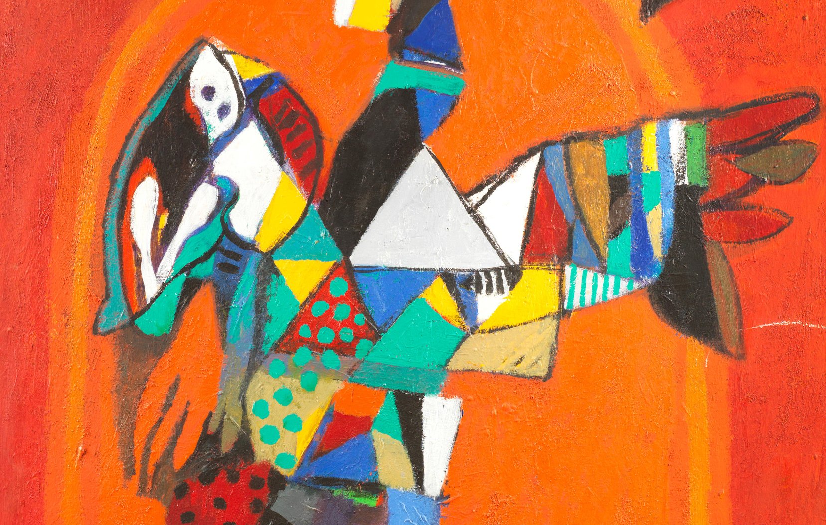 Composition colorée et géométrique avec des formes abstraites sur fond rouge.