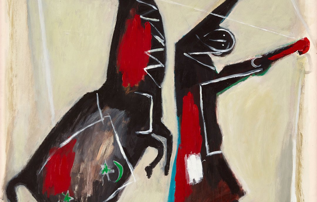 L'image représente une œuvre d'art stylisée, probablement influencée par l'art moderne. On y voit un cheval noir au corps stylisé, avec des éléments rouges décoratifs. À côté, une figure humaine, représentée de manière abstraite, lève les bras et semble interagir avec le cheval. Les couleurs sont vibrantes, et les formes sont simplifiées, créant une dynamique entre le personnage et l'animal. L'ensemble dégage une énergie et un mouvement forts, caractéristiques de ce type d'œuvre.