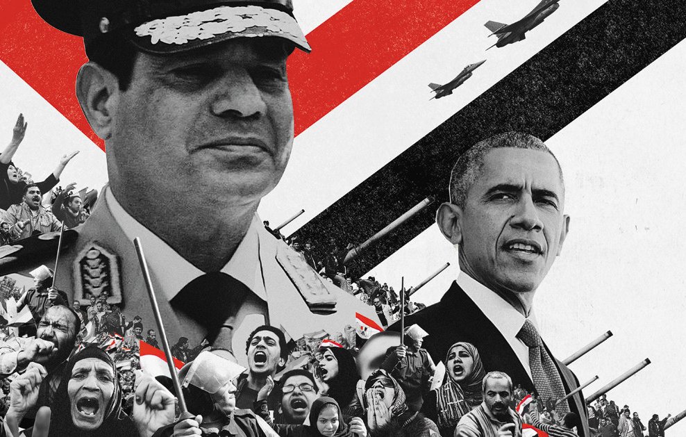 L'image présente un montage graphique avec au premier plan deux figures politiques, entourées d'une ambiance de manifestation. À gauche, on voit un homme en uniforme militaire, probablement un dirigeant, tandis qu'à droite, un homme en costume, portant un sourire sérieux, symbolise une autre personnalité politique importante. En arrière-plan, des silhouettes de manifestants brandissent des drapeaux et des pancartes, créant un contraste dynamique avec des motifs graphiques et des avions stylisés évoquant la tension ou le conflit. Les couleurs dominantes sont le rouge, le noir et le blanc, ajoutant une dimension dramatique à la composition.