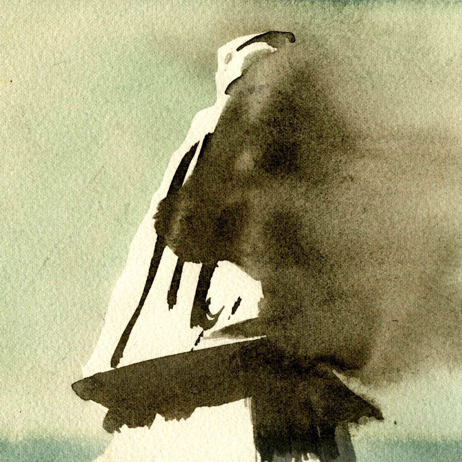 L'image présente un paysage abstrait exécuté dans un style aquarelle. On peut voir des nuances de vert et de beige sur un fond pâle. Des formes sombres et floues émergent, évoquant peut-être une silhouette ou un objet. Les coups de pinceau sont fluides, créant une atmosphère de mystère et de douceur. L'ensemble donne une impression de calme et d'abstraction.