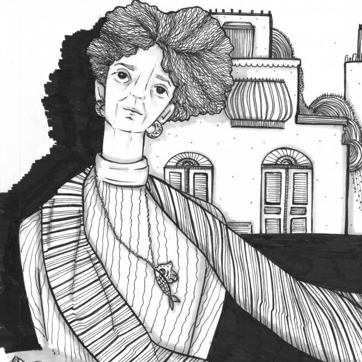 L'image représente une illustration en noir et blanc d'une femme avec des cheveux volumineux. Elle porte un pull ou un haut rayé et un châle drapé sur ses épaules. En arrière-plan, on aperçoit des bâtiments au style architectural distinct, avec des fenêtres élaborées et des éléments décoratifs. L'ensemble donne une ambiance à la fois artistique et contemplative. Les contrastes entre les zones noires et blanches ajoutent de la profondeur à l'œuvre.