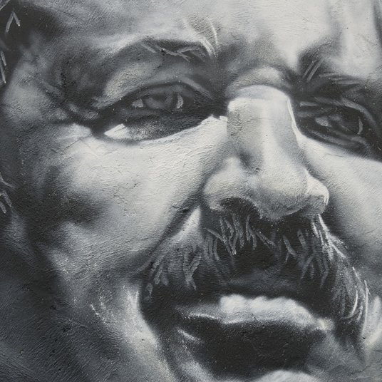 L'image représente une œuvre murale en noir et blanc, mettant en avant un visage masculin avec des traits expressifs. La personne a une moustache proéminente, et son expression semble montrer une certaine intensité. Les détails des ombres et des lumières apportent de la profondeur au portrait, accentuant les émotions qui s'en dégagent. Les contours sont soigneusement travaillés, ce qui donne une apparence réaliste au personnage.