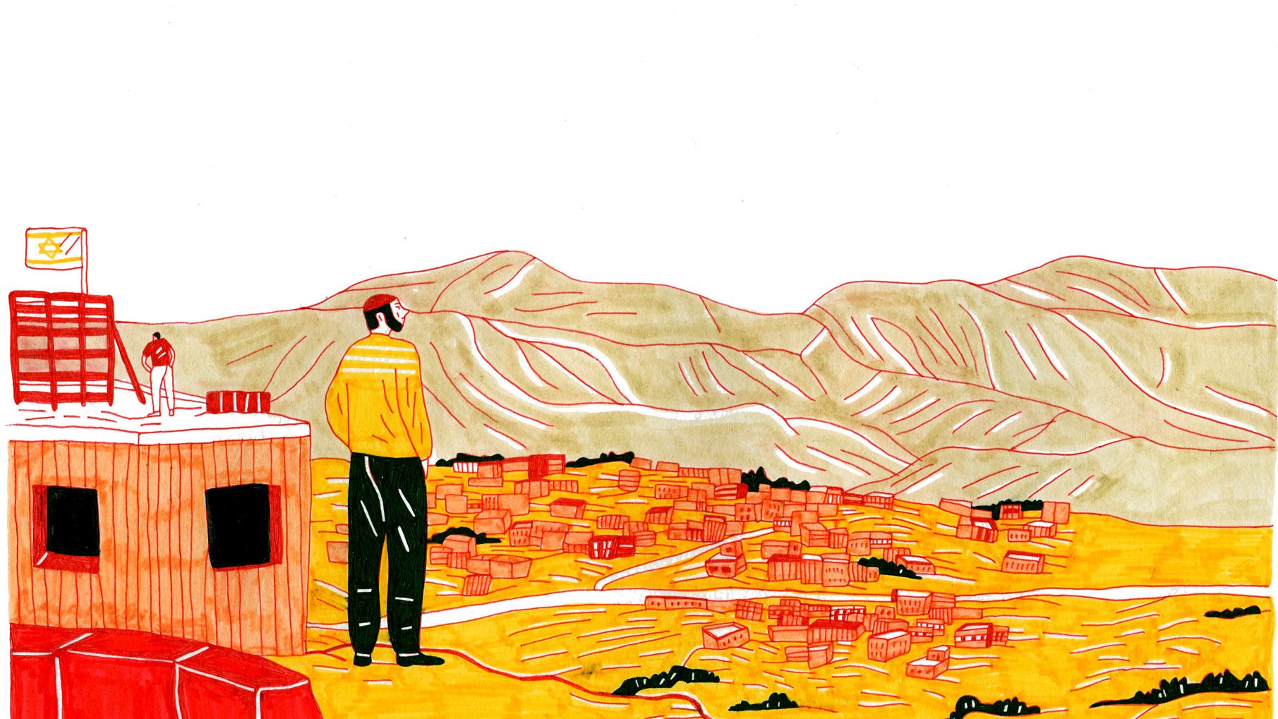 L'image représente une scène panoramique avec un homme debout sur une plateforme surélevée, regardant vers une vallée en contrebas. Il porte un pull jaune et noir, et son regard est dirigé vers un paysage composé de collines verdoyantes et d'une ville colorée. Les bâtiments sont principalement d'une teinte orangée, contrastant avec le sol doré. Les montagnes au loin sont dessinées avec des nuances de vert et de beige, ajoutant une dimension naturelle à la scène. Un petit drapeau est visible sur la plateforme, renforçant l'idée d'un lieu significatif. L'ensemble de l'illustration utilise des couleurs vives et un style graphique simple, créant une atmosphère contemplative.