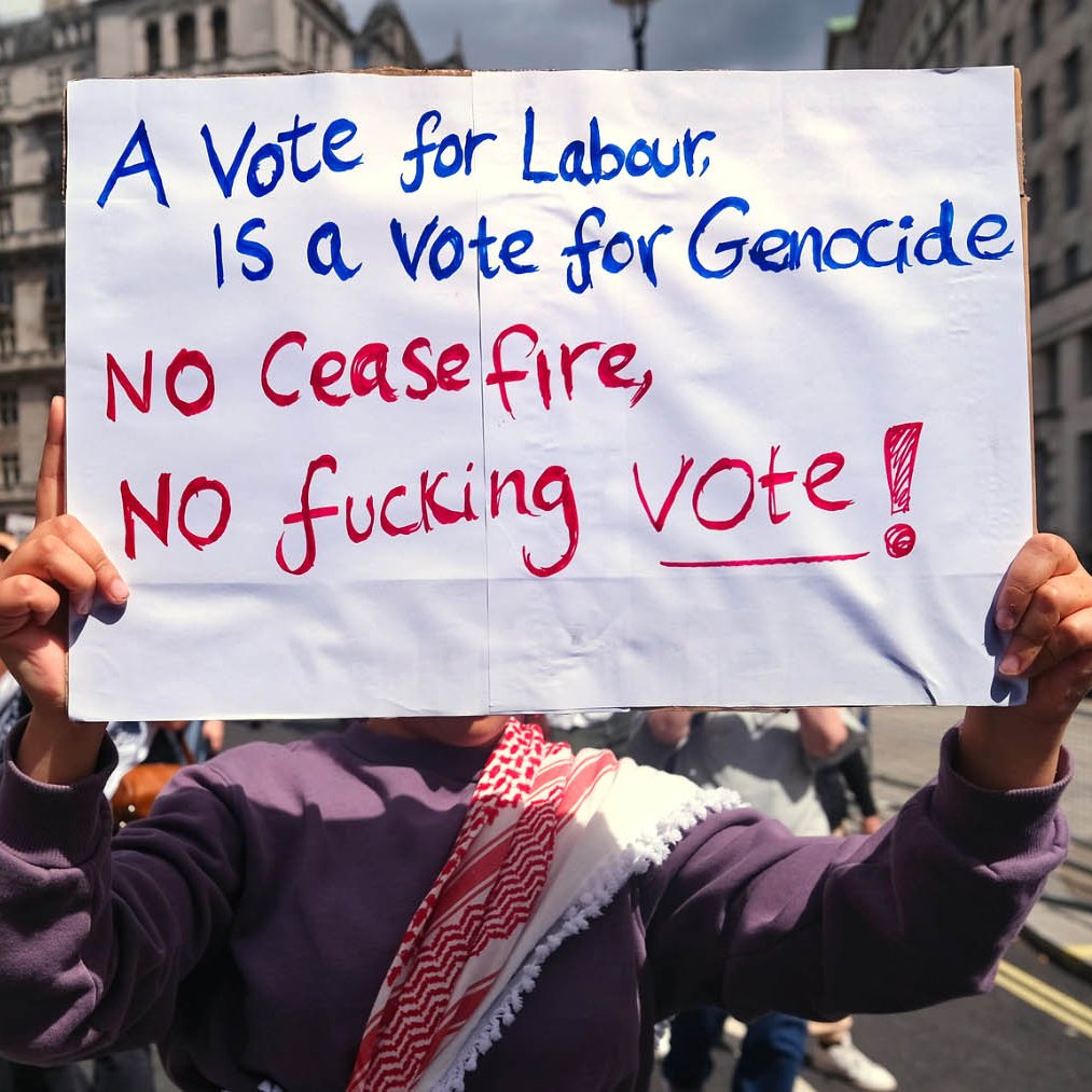L'image montre une manifestation où des personnes défilent dans la rue, tenant des pancartes. Au premier plan, une personne tient une grande affiche avec un message fort. La pancarte indique que voter pour un certain parti est associé à des accusations graves, et elle appelle à ne pas voter sans un cessez-le-feu. Les manifestants semblent passionnés et engagés, exprimant leur désaccord par des slogans. L'ambiance est empreinte de tension et d'émotion.