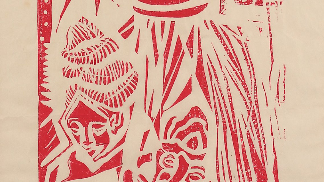 L'image présente une œuvre d'art en sérigraphie, composée principalement de couleurs rouges sur un fond beige. Elle représente des figures stylisées, probablement humaines, entourées de motifs géométriques et de textures. Au premier plan, on aperçoit une silhouette avec un chapeau ou un turban, tandis qu'une autre figure, au visage expressif, semble tenir quelque chose dans ses mains. Les éléments végétaux et les motifs en arrière-plan ajoutent une dimension dynamique à la composition. L'ensemble dégage une atmosphère vibrante et expressive.