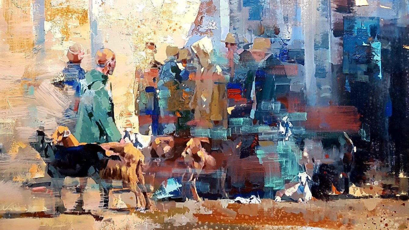 L'image représente une scène animée où plusieurs personnes, vêtues de manteaux, semblent interagir avec des chiens. Les couleurs sont principalement chaudes, avec des touches de bleu et de jaune, créant une atmosphère vibrante. Les personnages sont partiellement flous, ce qui donne une impression de mouvement. On aperçoit des chiens de différentes tailles se déplaçant autour des personnes, ajoutant une dimension vivante à la composition. Le fond est abstrait, ce qui met l'accent sur l'interaction centrale entre les humains et les animaux.