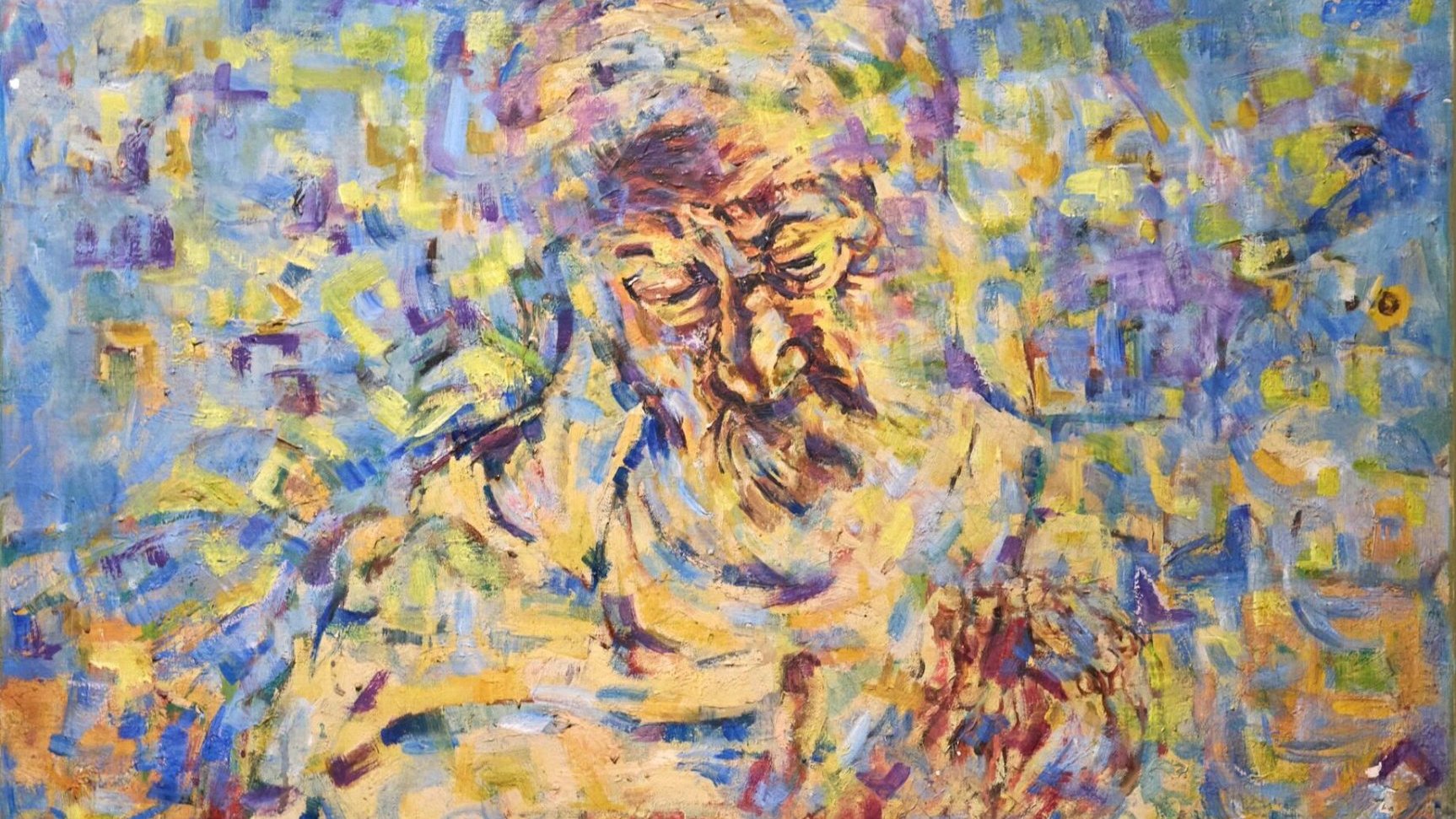 Un portrait fébrile d'un homme, aux couleurs vibrantes et textures tourbillonnantes.