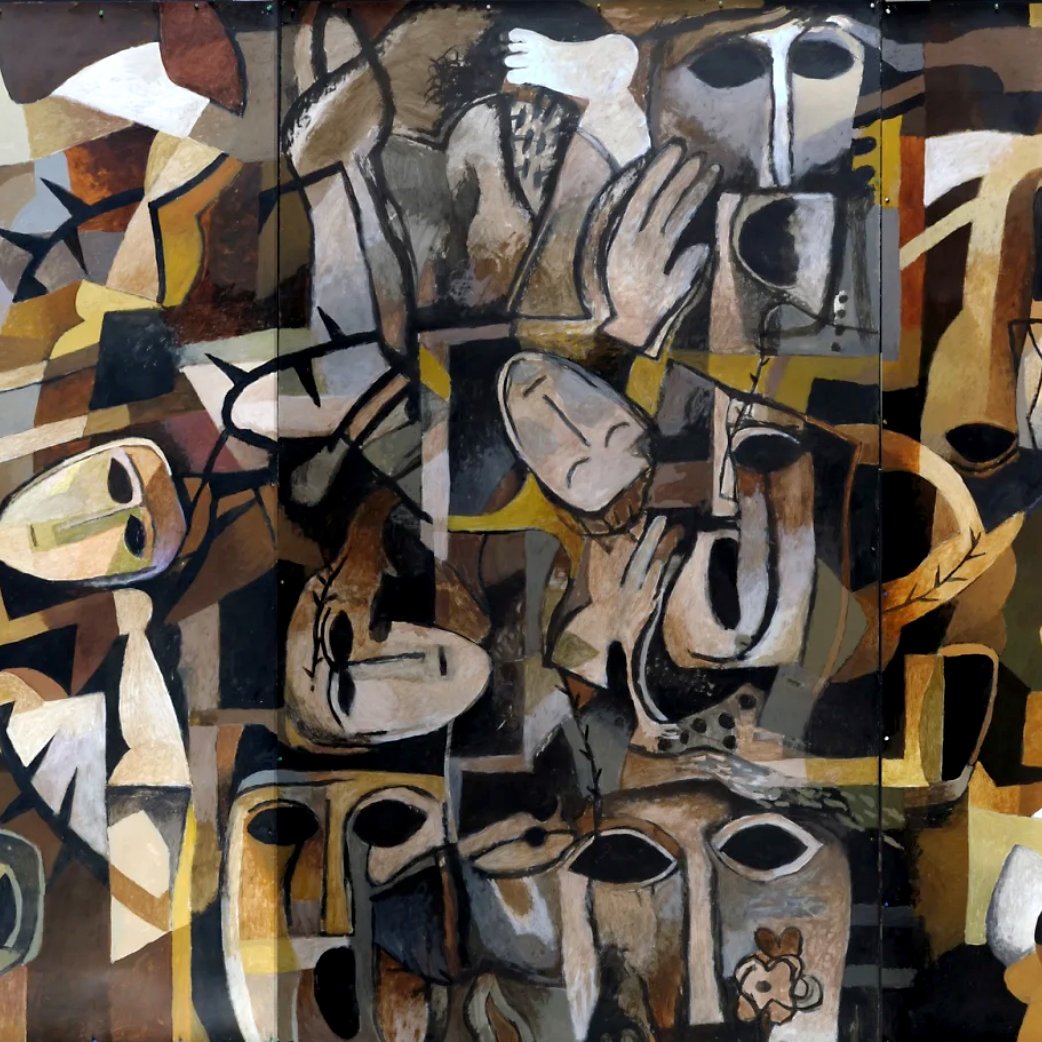 Peinture abstraite aux formes humaines et géométriques, dominée par des tons bruns et beiges.