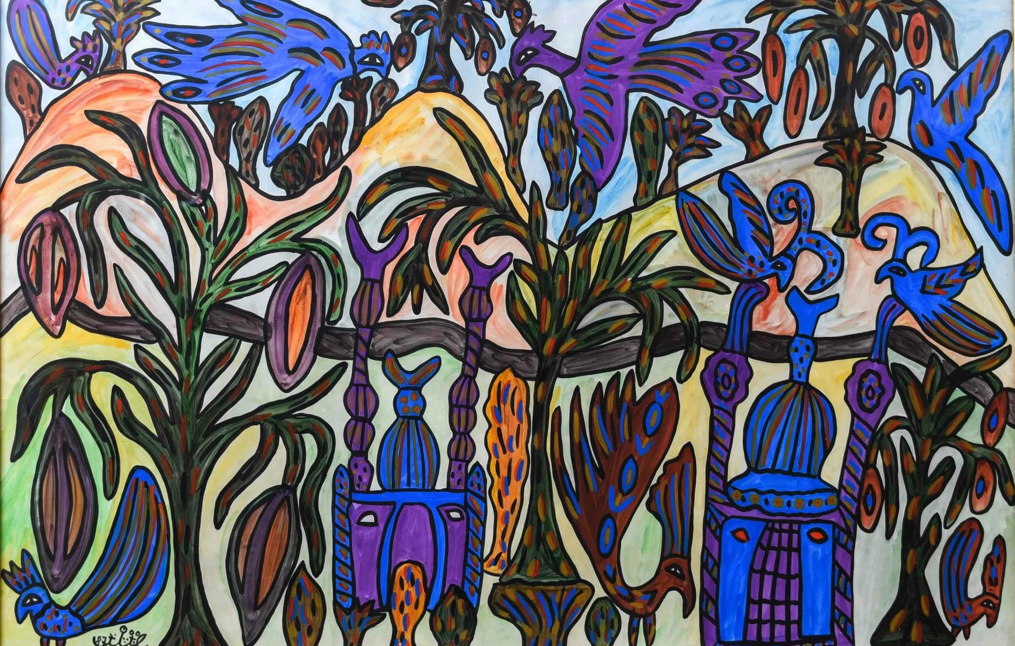 L'image présente une scène colorée et stylisée, remplie de motifs vibrants et de formes abstraites. On y voit des arbres, des plantes et des animaux, tous rendus avec des lignes noires et des couleurs vives comme le bleu, le vert et le rouge. Des montagnes en arrière-plan ajoutent de la profondeur à la composition, tandis que des oiseaux et d'autres éléments naturalistes s'entrelacent, créant une ambiance dynamique et joyeuse. L'ensemble évoque un univers fantaisiste et plein de vie.