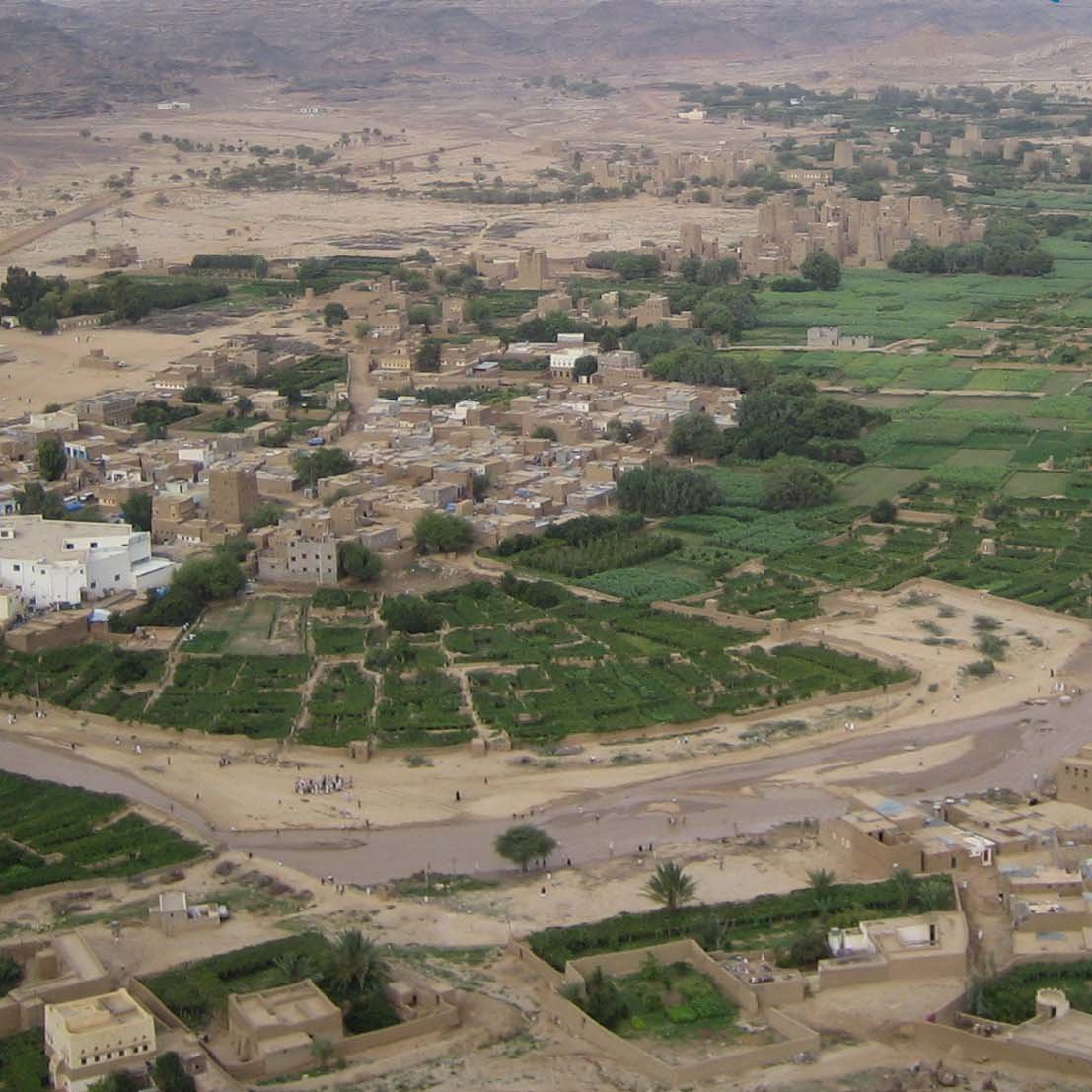 L'image montre un paysage rural, probablement une vallée verdoyante entourée de montagnes arides. Au premier plan, on peut voir des champs cultivés et des terres agricoles, formant un contraste avec les zones désertiques environnantes. Il y a également quelques maisons en terre ou en briques qui semblent faire partie d'un village. La rivière qui serpente à travers le paysage ajoute à la beauté de la scène, symbolisant une source vital d'eau dans cette région dry. Des traces de chemins et des gens peuvent également être aperçus, suggérant une vie active dans cette zone rurale.
