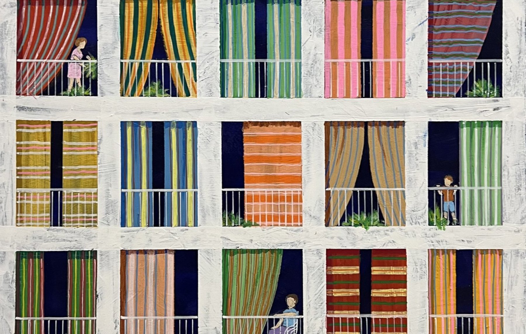 Des fenêtres colorées avec des rideaux, des silhouettes de personnes apparaissent.