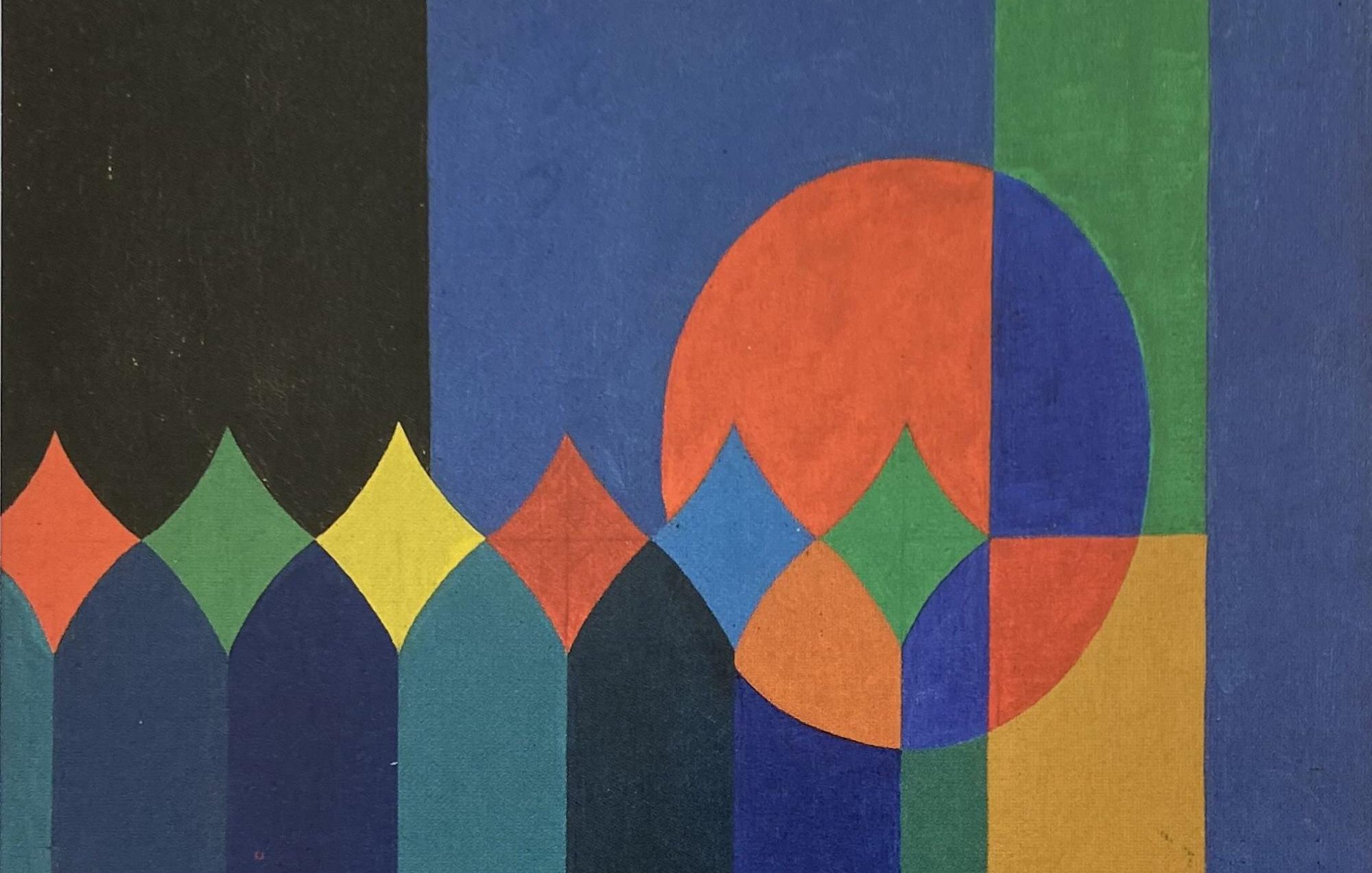 Composition abstraite aux formes géométriques, couleurs vives : bleu, rouge, vert, jaune.