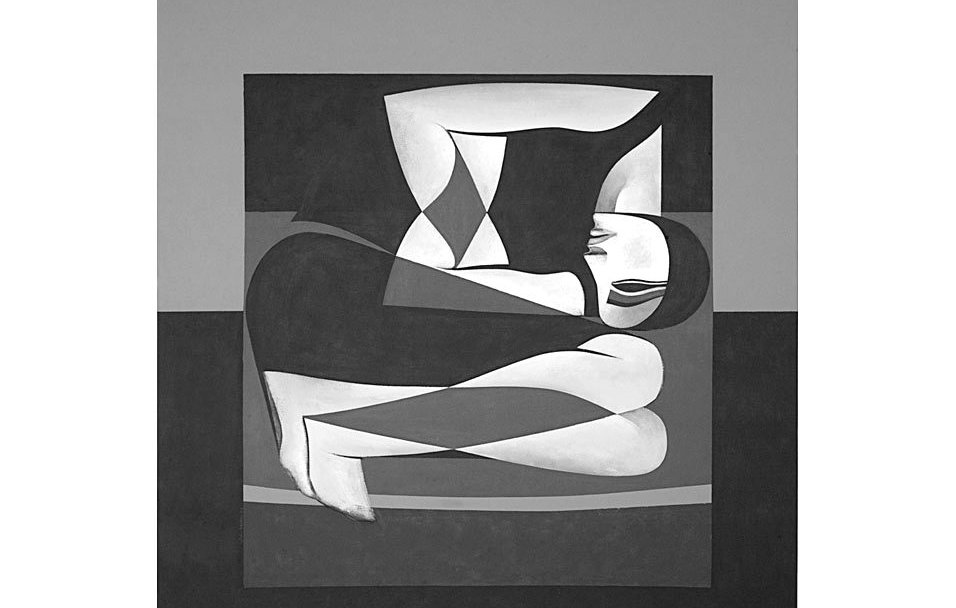 L'image présente une composition abstraite en noir et blanc. On y voit une figure humaine stylisée, enroulée sur elle-même, avec des formes géométriques et des lignes fluides. Le contraste entre les zones sombres et les zones claires ajoute de la profondeur à l'œuvre. L'ensemble dégage une impression de sérénité et de contemplation, tout en évoquant une certaine dualité à travers les différentes formes et les espaces négatifs.