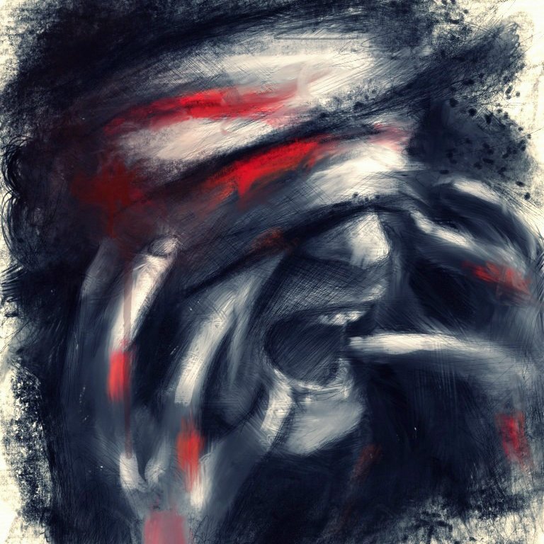 L'image présente une représentation artistique avec des couleurs sombres et des touches de rouge. On voit une silhouette humaine, le visage partiellement caché, exprimant une émotion intense. Les mains semblent porter une geste de désespoir ou de souffrance, et l'utilisation des couleurs crée une ambiance dramatique et expressive. L'ensemble de l'œuvre donne une impression de mouvement et d'intensité émotionnelle.
