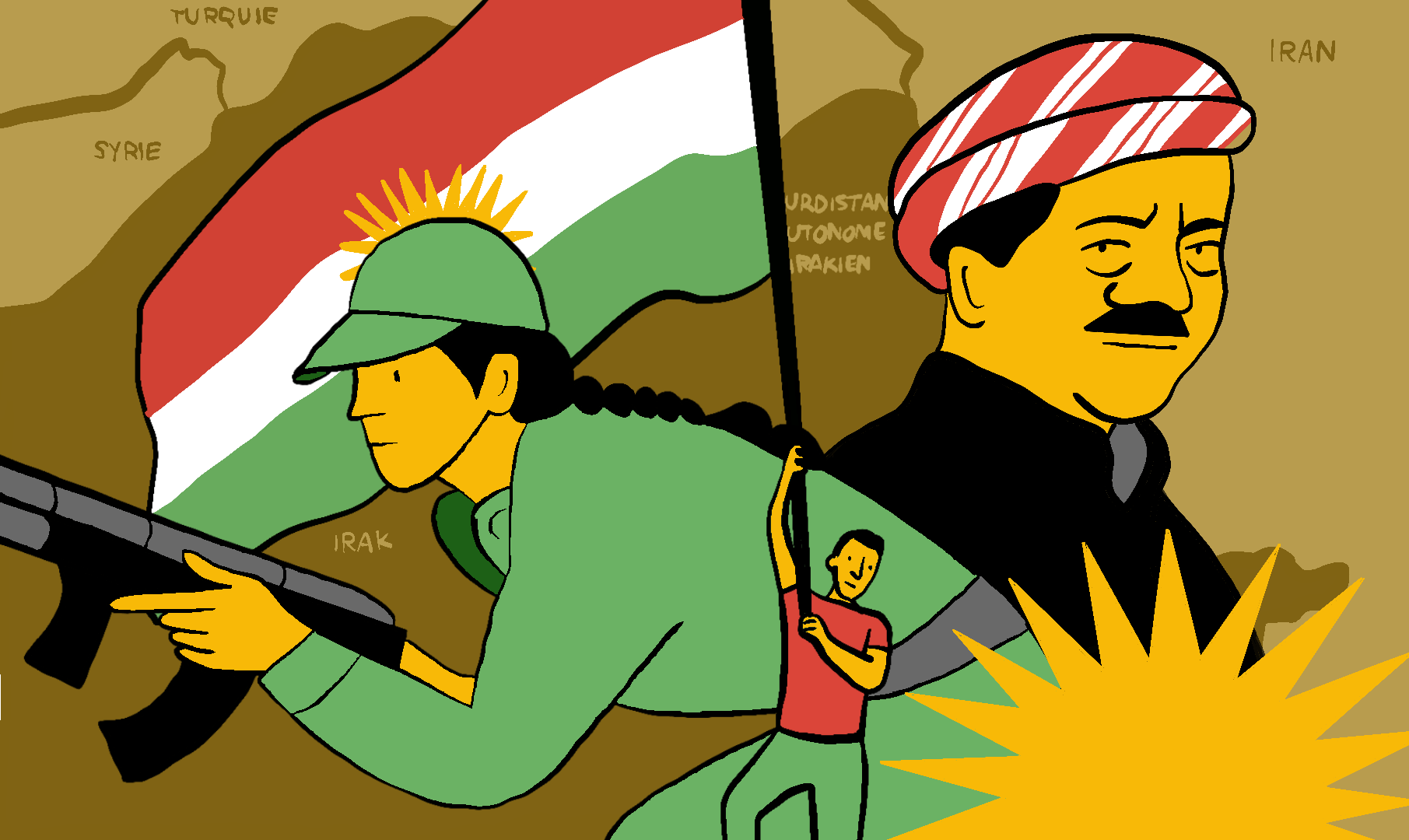 L'image représente des figures symboliques liées au peuple kurde. On y voit une personne en uniforme militaire portant un drapeau kurde, ainsi qu'une autre figure plus en arrière-plan. La scène est stylisée, avec une carte des régions kurdes en arrière-plan, indiquant des pays comme la Syrie, l'Irak, la Turquie et l'Iran. Les couleurs sont vives et l'ensemble évoque un sentiment de fierté nationale et de résistance.