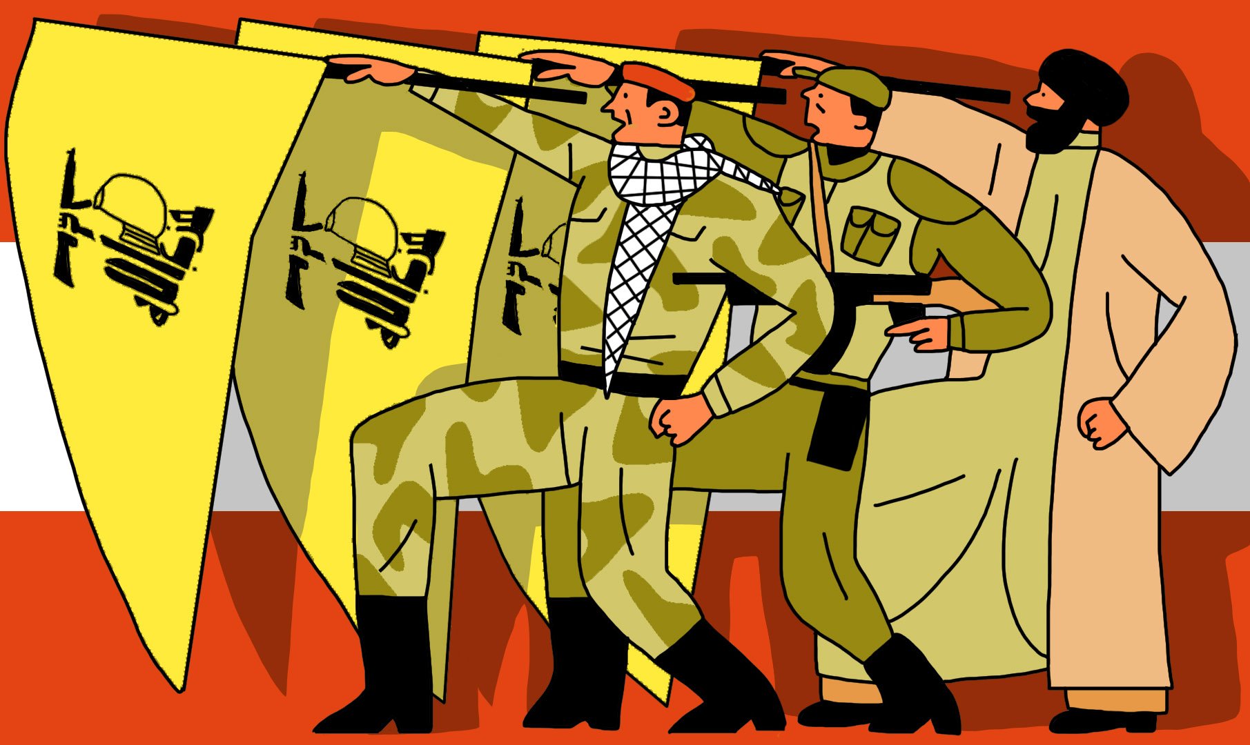 L'image présente trois figures masculines marchant côte à côte, brandissant des drapeaux jaunes avec un symbole militaire. Le premier personnage porte un keffieh et un uniforme camouflé, tandis que les autres sont vêtus d'uniformes et de vêtements traditionnels. L'arrière-plan est en rouge, ajoutant un contraste fort avec les drapeaux. Cette composition pourrait évoquer des thèmes de militantisme ou de solidarité.