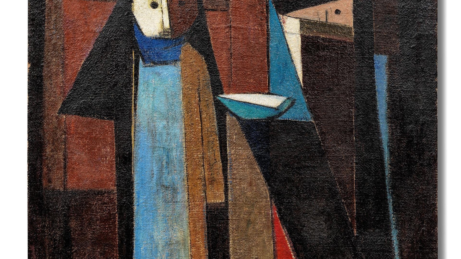 L'image représente une œuvre d'art abstraite, caractérisée par des formes géométriques et des couleurs vives. On peut y apercevoir des figures stylisées, dont l'une est en bleu, entourée de formes rectangulaires et triangulaires. L'arrière-plan est sombre, ce qui met en valeur les éléments colorés au premier plan. L'ensemble crée une atmosphère énigmatique et intrigante, typique de l'art moderne.