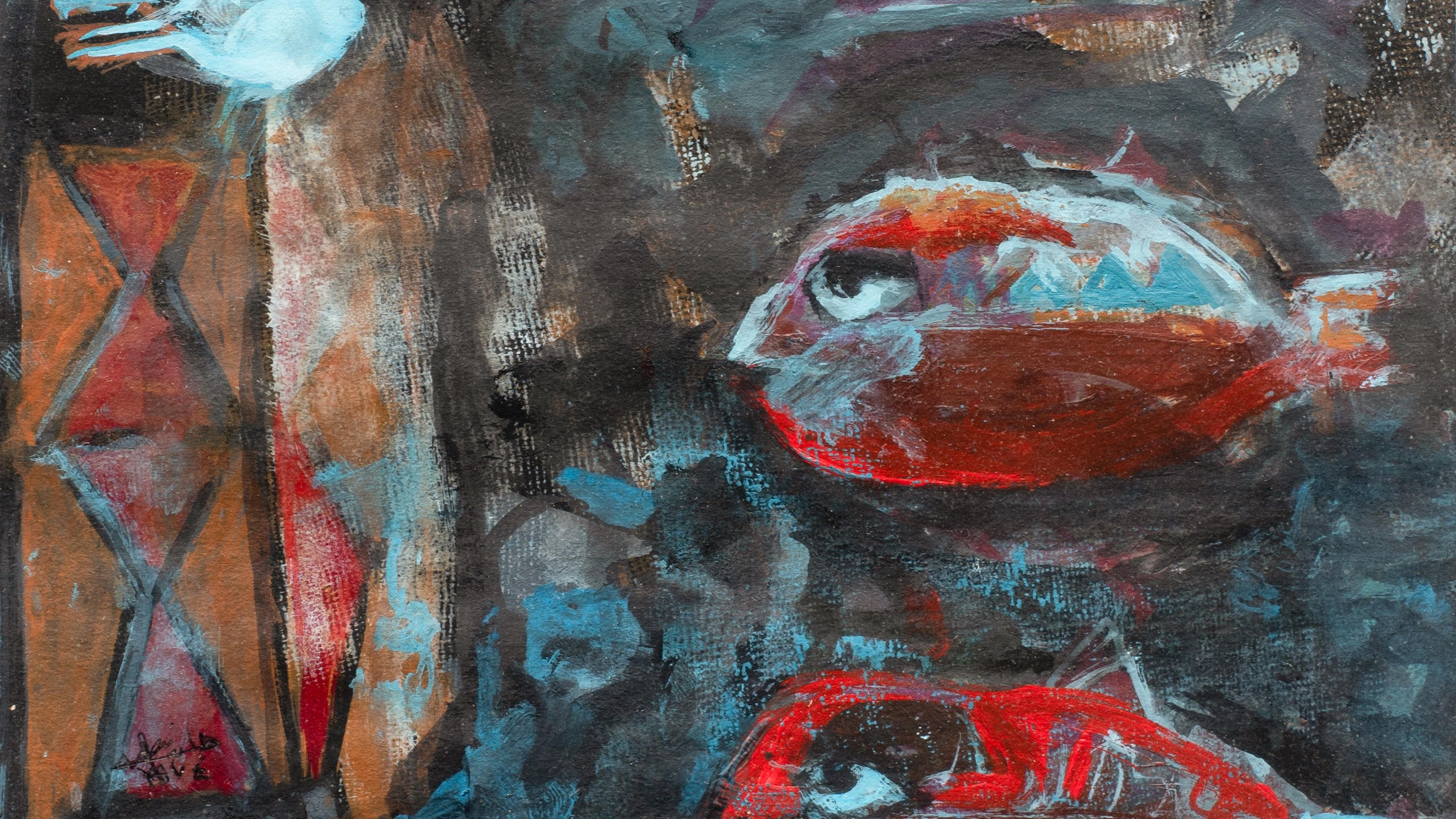 L'image présente une composition artistique abstraite avec des formes et des couleurs vives. On peut voir des silhouettes de poissons rouges qui attirent l'attention au centre, avec des détails texturés. À gauche, une figure humaine stylisée est représentée, accentuée par des couleurs claires. L'arrière-plan est sombre, évoquant une atmosphère mystique, avec quelques éclats de lumière qui pourraient représenter des éléments célestes, comme un soleil ou une lune. Les couleurs utilisées créent un contraste frappant, rendant l'œuvre intrigante et pleine de profondeur.