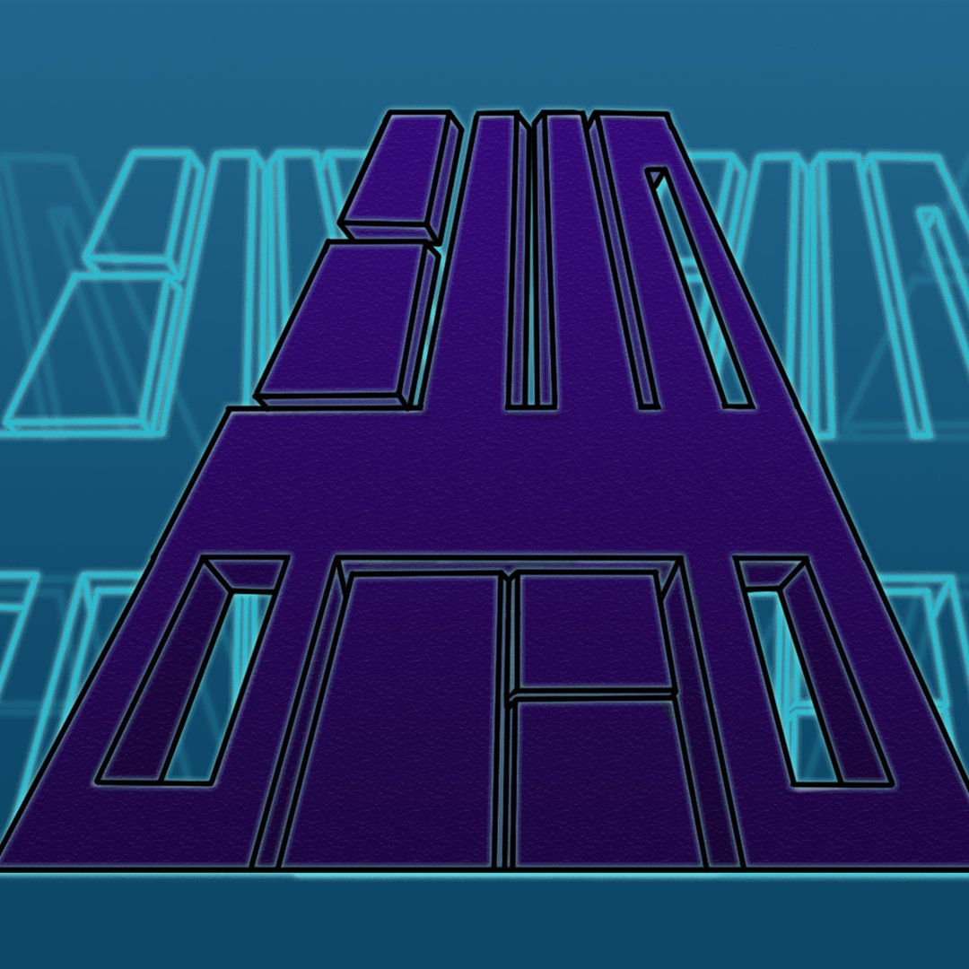 L'image représente une forme géométrique en violet, probablement un logo ou un symbole stylisé, disposé en pyramide. Le fond est d'une teinte bleue, et des lignes ou motifs en arrière-plan ajoutent une dimension graphique. L'ensemble donne une impression futuriste, avec un design épuré et moderne.