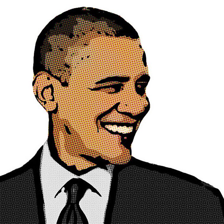 L'image représente un portrait stylisé d'une personne souriante, avec des touches de couleurs vives et un effet de pointillisme. La personne est habillée en costume, avec une cravate, et semble être en profile. Le fond est blanc, ce qui met en avant le visage et l'expression joyeuse de l'individu. Le style est moderne et graphique, avec des contours marqués et des ombres accentuées.