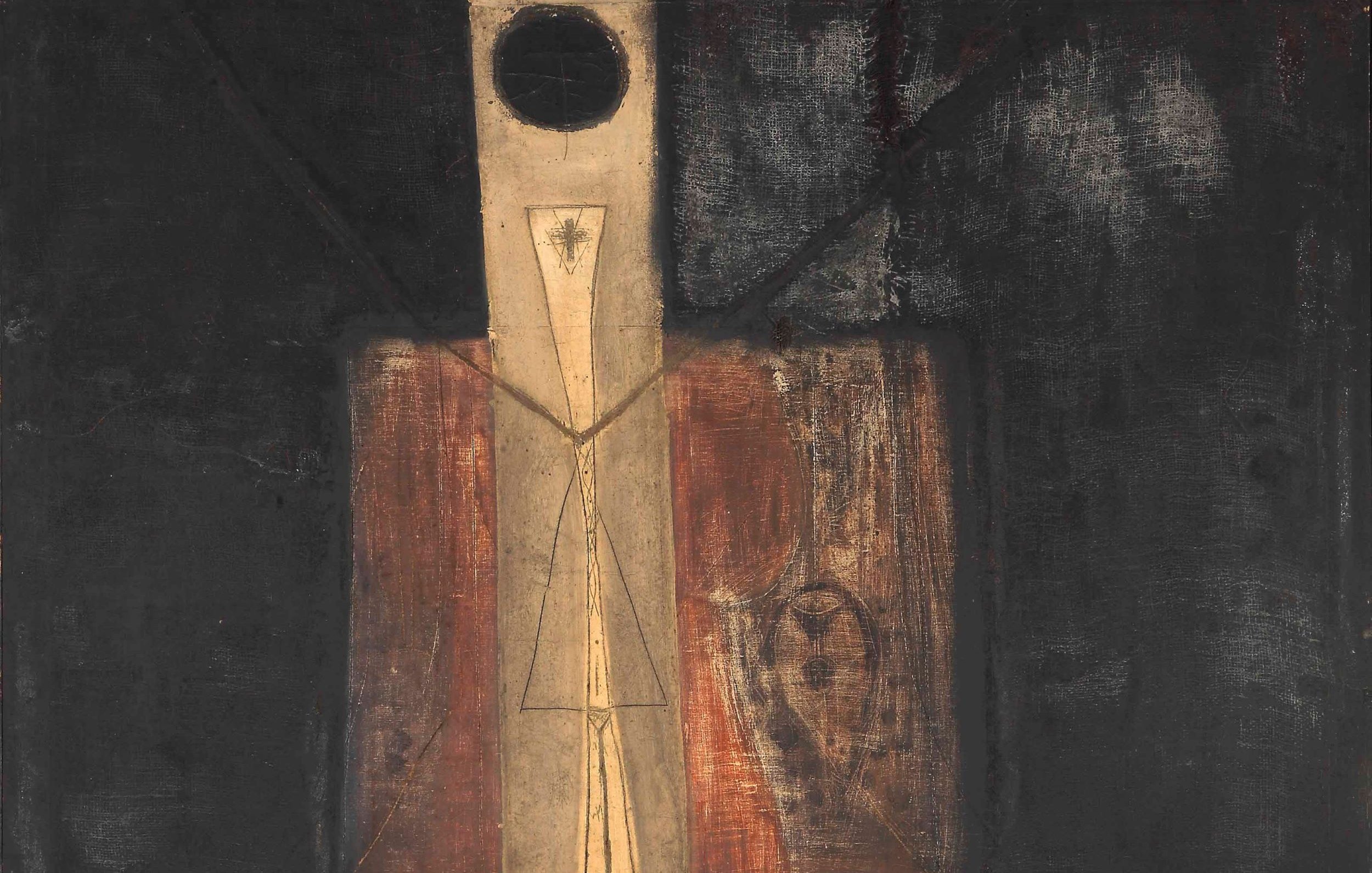 L'image représente une œuvre d'art abstraite, dominée par des tons sombres avec des touches de couleurs terreuses. Au centre, une forme allongée de couleur claire se détache, évoquant peut-être une figure humaine stylisée. Sur le fond, des motifs suggestifs et des textures variées se mélangent, créant un contraste intéressant avec la figure centrale. Un cercle noir en haut de l'œuvre pourrait symboliser un astre ou une source de lumière, ajoutant une dimension mystique à l'ensemble. Cette composition laisse place à l'interprétation et à l'émotion, caractéristique de l'art abstrait.