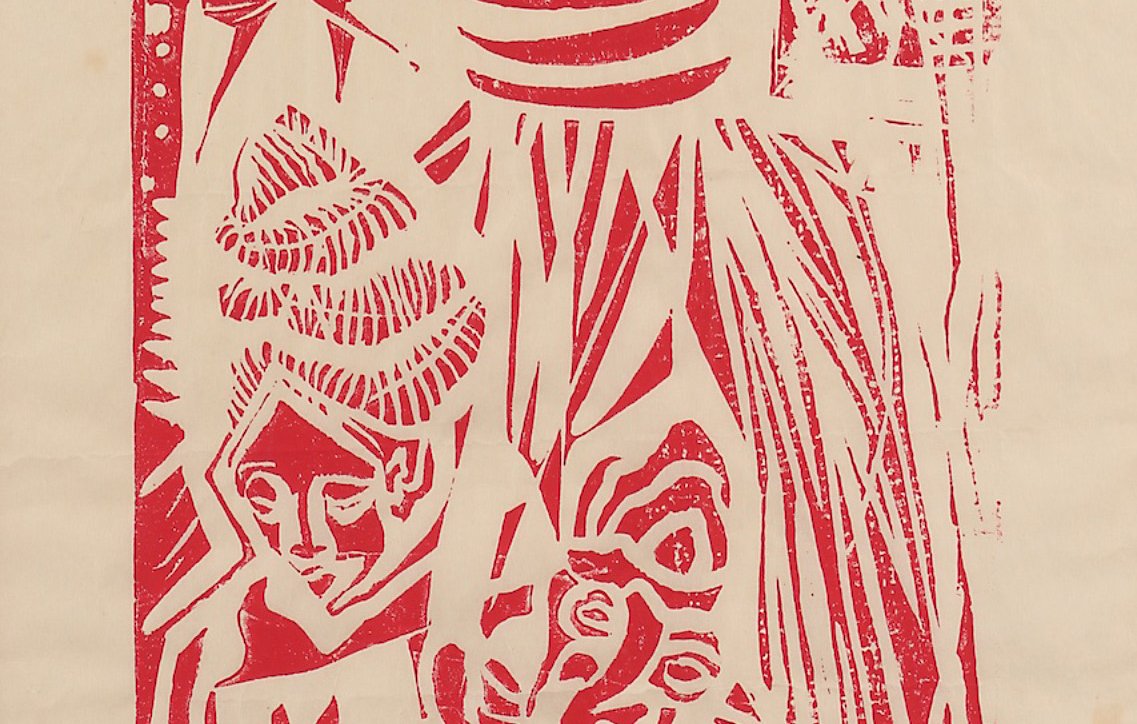 L'image présente une œuvre d'art en sérigraphie, composée principalement de couleurs rouges sur un fond beige. Elle représente des figures stylisées, probablement humaines, entourées de motifs géométriques et de textures. Au premier plan, on aperçoit une silhouette avec un chapeau ou un turban, tandis qu'une autre figure, au visage expressif, semble tenir quelque chose dans ses mains. Les éléments végétaux et les motifs en arrière-plan ajoutent une dimension dynamique à la composition. L'ensemble dégage une atmosphère vibrante et expressive.