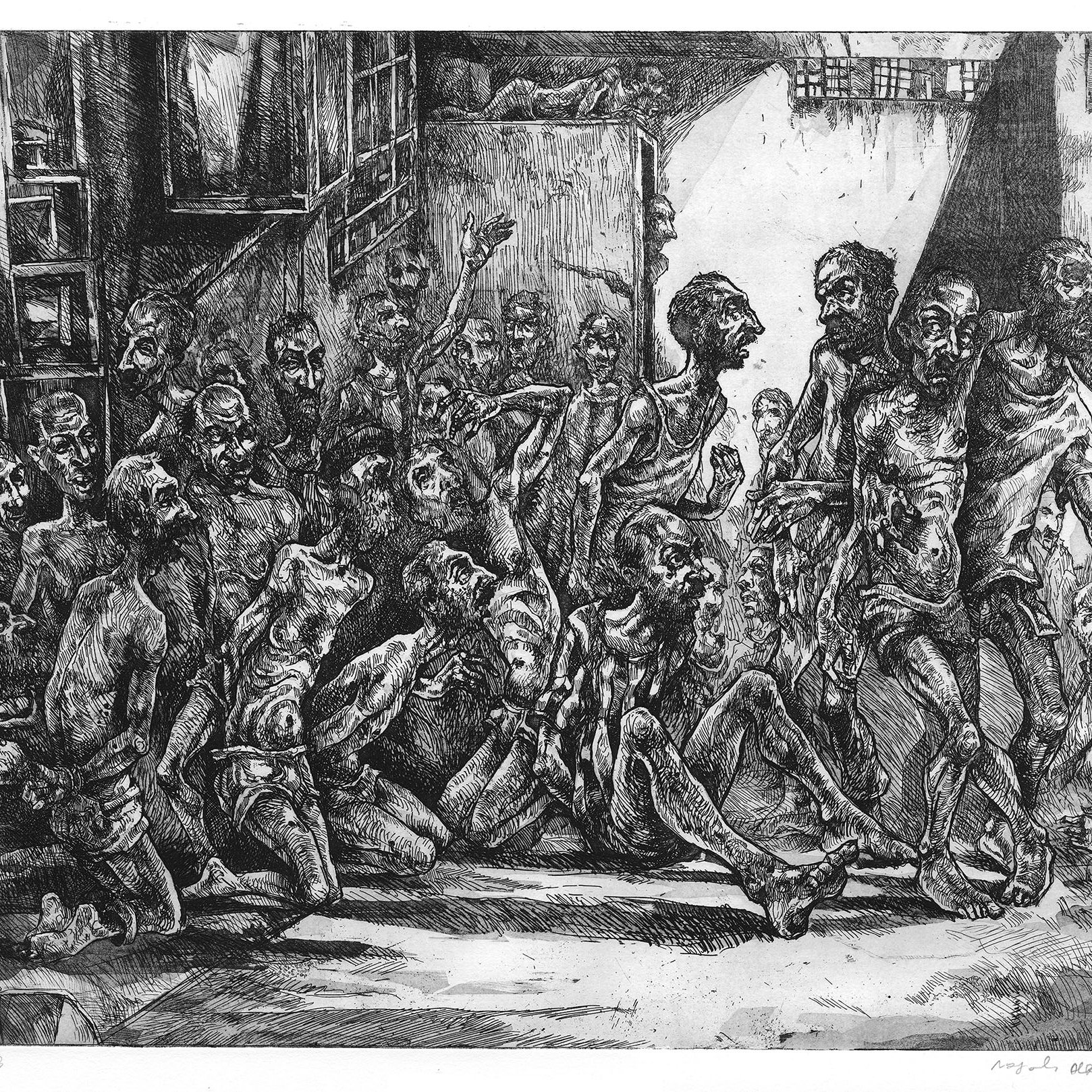 Cette image est une gravure en noir et blanc représentant une scène sombre et chaotique. On y voit une multitude de personnages désespérés, dont les corps sont décharnés et en détresse. Les expressions faciales transmettent une grande souffrance. L'environnement semble oppressant, avec des murs en arrière-plan, suggérant un espace clos. L'œuvre dég dég dég dég dég dég dég dég dég dég dég dég dég dég dég dég dég dég dég dég dég dég dég dég dég dég dég dég dég dég dég dég dég dég dég dég dég dég dég dég dég d'une forte émotion et soulève des thèmes de souffrance et de désespoir.