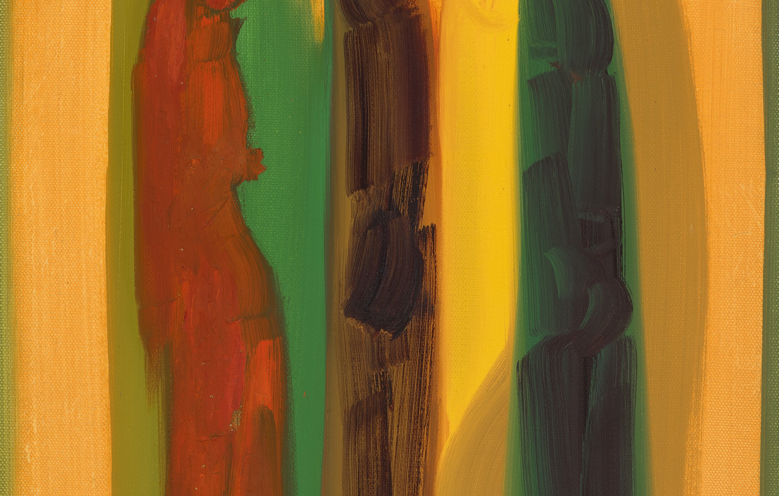 L'image représente une œuvre abstraite avec des silhouettes stylisées de personnages. Les figures sont peintes dans des nuances de rouge, de vert et de noir, sur un fond jaune orangé. Les contours des personnages sont flous, ce qui leur confère un aspect mystique et énigmatique. La composition évoque une certaine dynamique, avec les différentes couleurs qui créent un contraste intéressant et attirent l'œil.