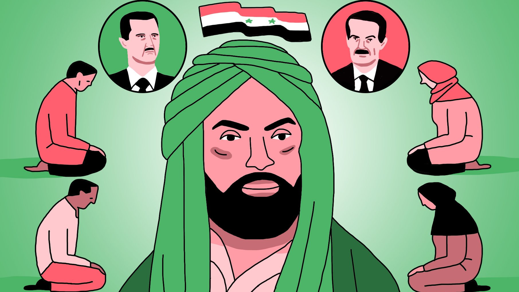L'image présente un personnage central avec une barbe et un turban vert, entouré de silhouettes de personnes inclinées vers le sol. Au-dessus, il y a trois cercles avec des visages, probablement représentant des figures politiques. En arrière-plan, on peut voir un drapeau syrien. L'ensemble évoque des thèmes liés à la politique et à la religion, toutes deux liées à la Syrie. Les couleurs sont principalement vertes et rouges, ajoutant un contraste visuel significatif.