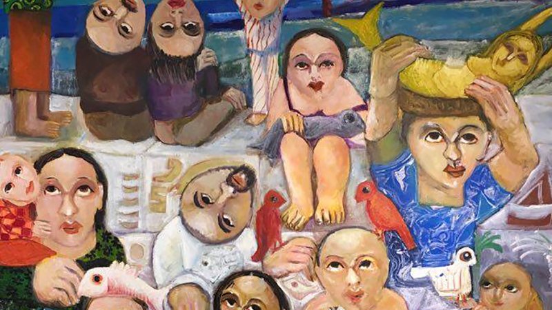 L'image représente une scène vibrante et colorée, remplie de figures humaines stylisées. Les personnages semblent interagir les uns avec les autres dans un cadre ensoleillé, probablement en bord de mer, avec des palmiers en arrière-plan. Les visages sont expressifs et variés, affichant des émotions différentes. Certains personnages tiennent des objets, comme des poissons ou des fruits. L'ensemble de la composition évoque une atmosphère de convivialité et de vie, avec des couleurs vives qui attirent l'œil. Les détails et le style des personnages rappellent l'art naïf ou surréaliste.