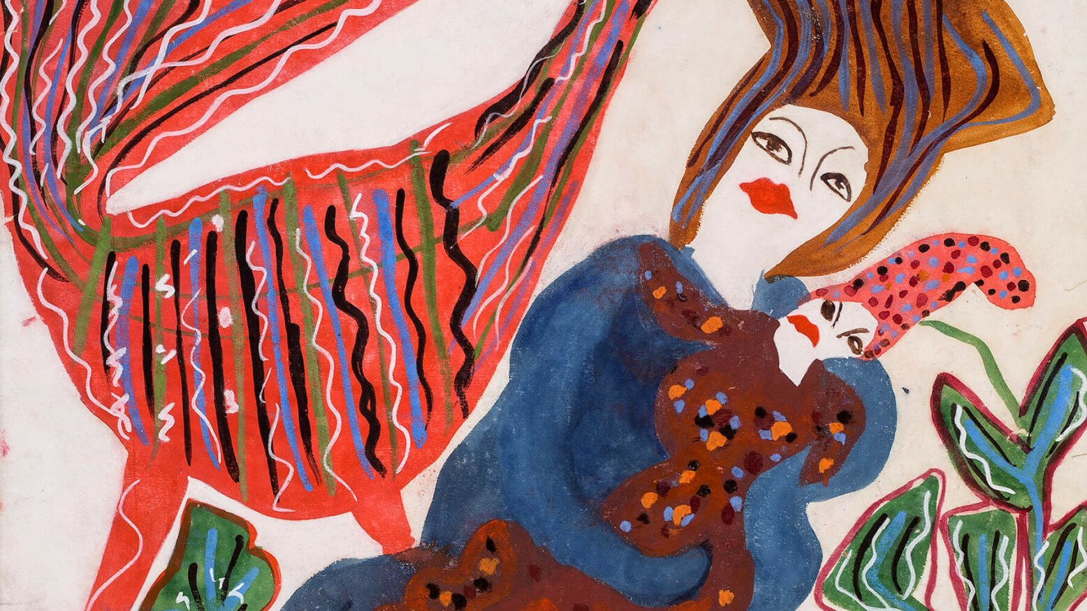 L'image présente une composition colorée et expressive. On y voit une figure centrale, probablement une femme, vêtue d'une robe bleu foncé ornée de motifs. Elle tient un enfant contre elle. À côté d'eux, un grand animal stylisé, évoquant un oiseau ou un dinosaure, est représenté avec des couleurs vives comme le rouge et le rose. Ce dernier semble avoir des motifs et des formes géométriques sur son corps. En arrière-plan, des éléments végétaux sont également présents, ajoutant à la richesse des couleurs et des textures de l'œuvre. L'ensemble dégage une atmosphère à la fois ludique et poétique.