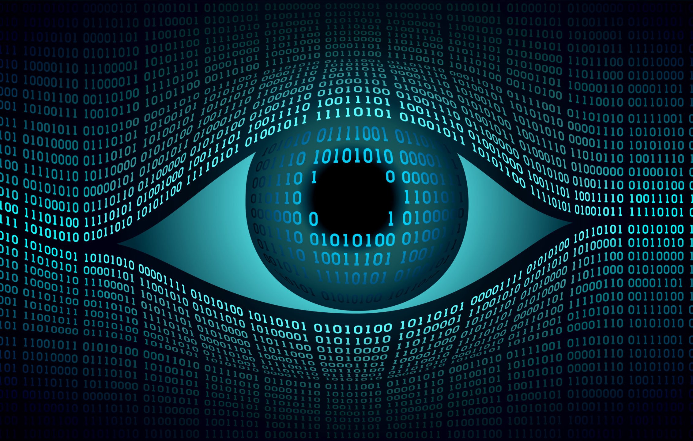 The image features a large, stylized eye at the center, which is depicted with a dark circle for the pupil. Surrounding the eye is a swirling pattern of binary code, composed of zeros and ones, creating a digital or technological theme. The overall color scheme includes shades of blue, giving it a futuristic and tech-inspired appearance. The binary code adds to the concept of data, surveillance, or digital awareness.