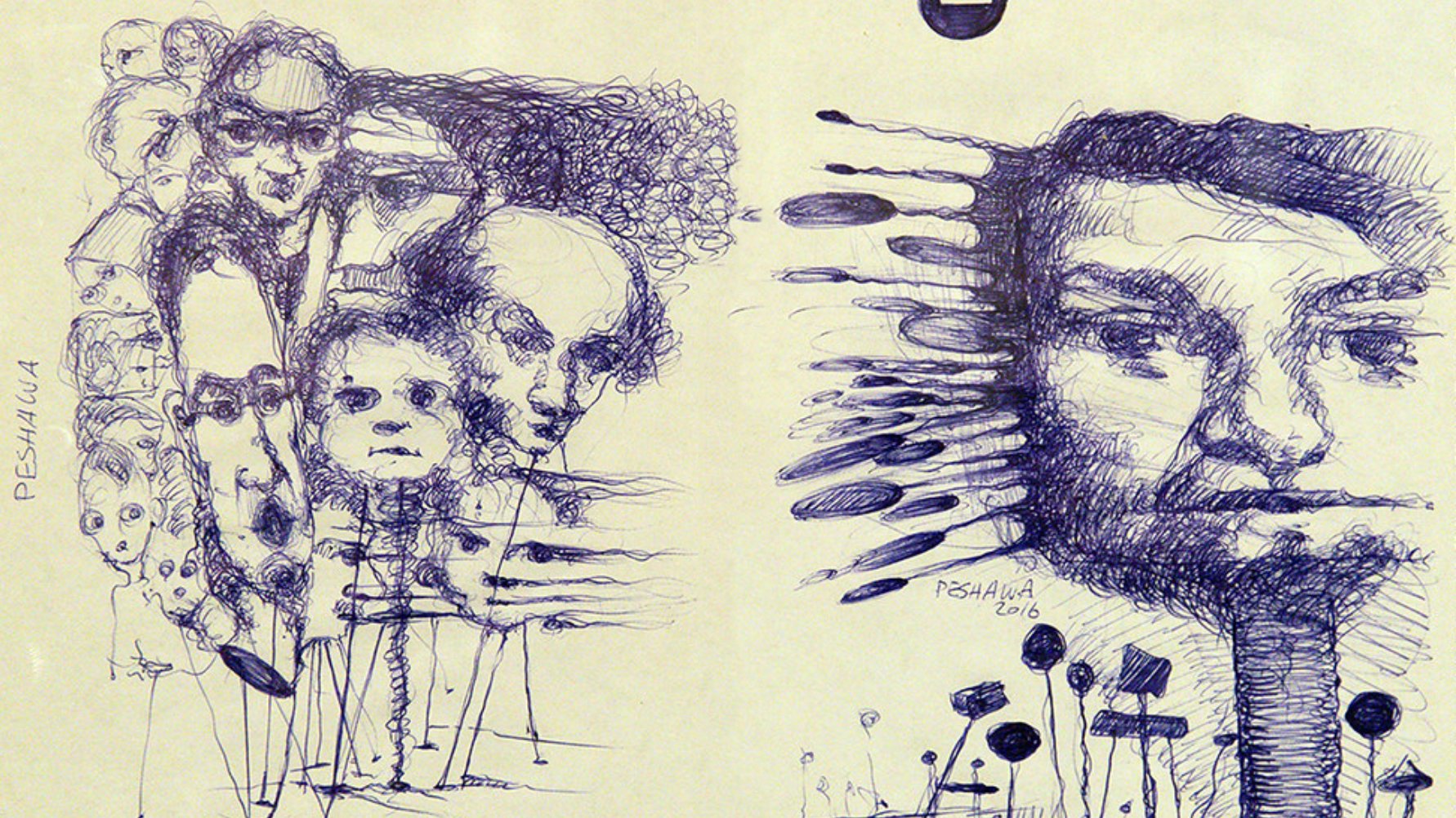 The image features a distinctive artwork created with blue ink on a light background. On the left side, there are various abstract and exaggerated facial sketches, some of which depict human features in a fragmented or surreal manner. These faces are blended together, creating a sense of chaos. On the right side, there is a more defined face that appears to be drawn with thicker lines, emphasizing the contours and expressions. Surrounding this face are elongated shapes that resemble abstract figures or objects, contributing to the overall artistic tension in the piece. The combination of detailed faces alongside more abstract forms suggests a contrast between clarity and abstraction. The artwork is signed "Peshawa" with a date of 2016.