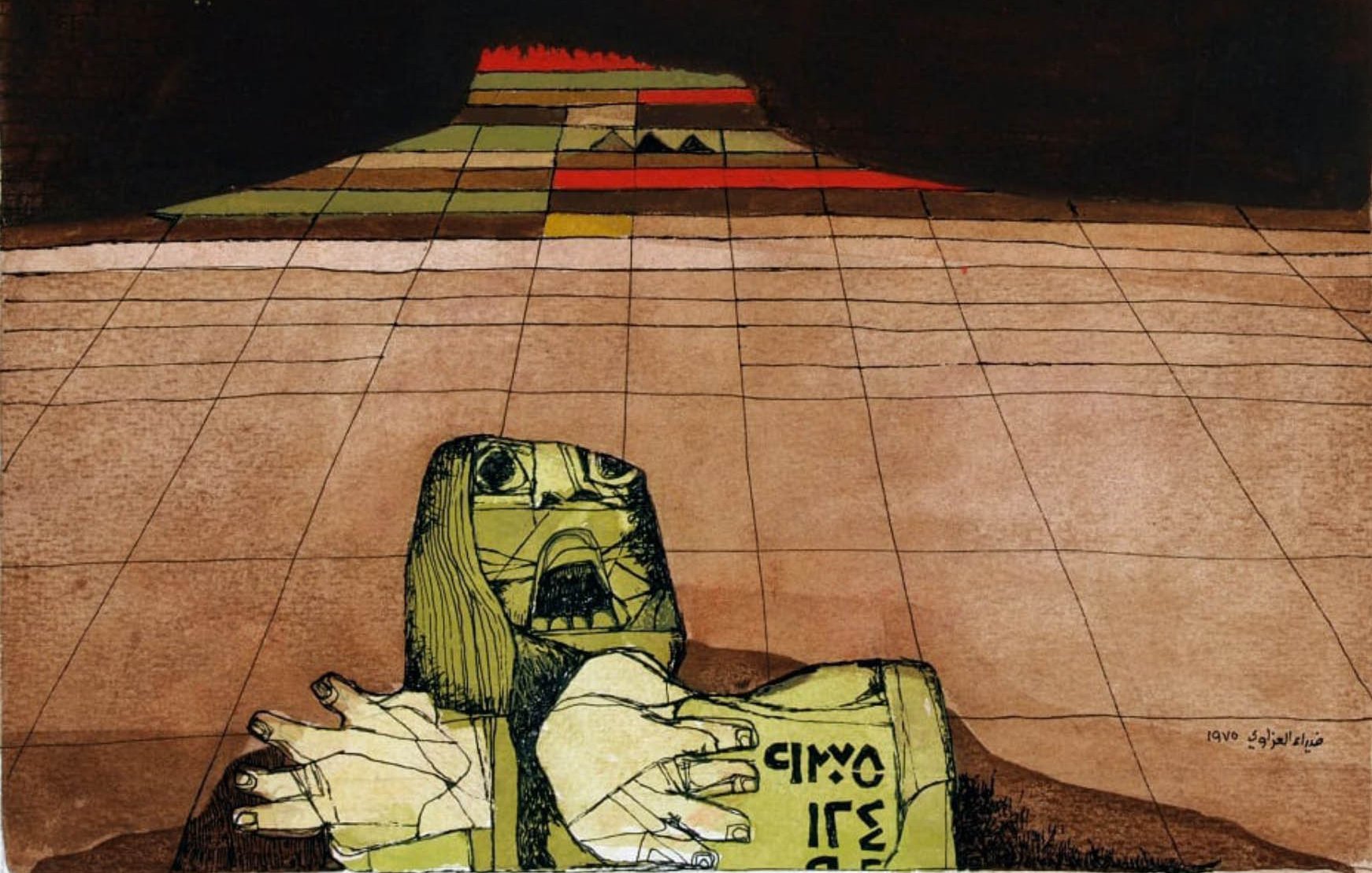 L'image présente une scène surréaliste avec des couleurs terreuses et des formes géométriques. Au premier plan, une figure humaine, peut-être une statue, semble émerger du sol. Elle a des traits anguleux et une posture désespérée, les bras étendus. À l'arrière-plan, on distingue une élévation ou une montagne, avec des motifs colorés, évoquant une ambiance mystérieuse. L'ensemble de l'œuvre semble communiquer des thèmes de détresse et de connexion à la terre. 