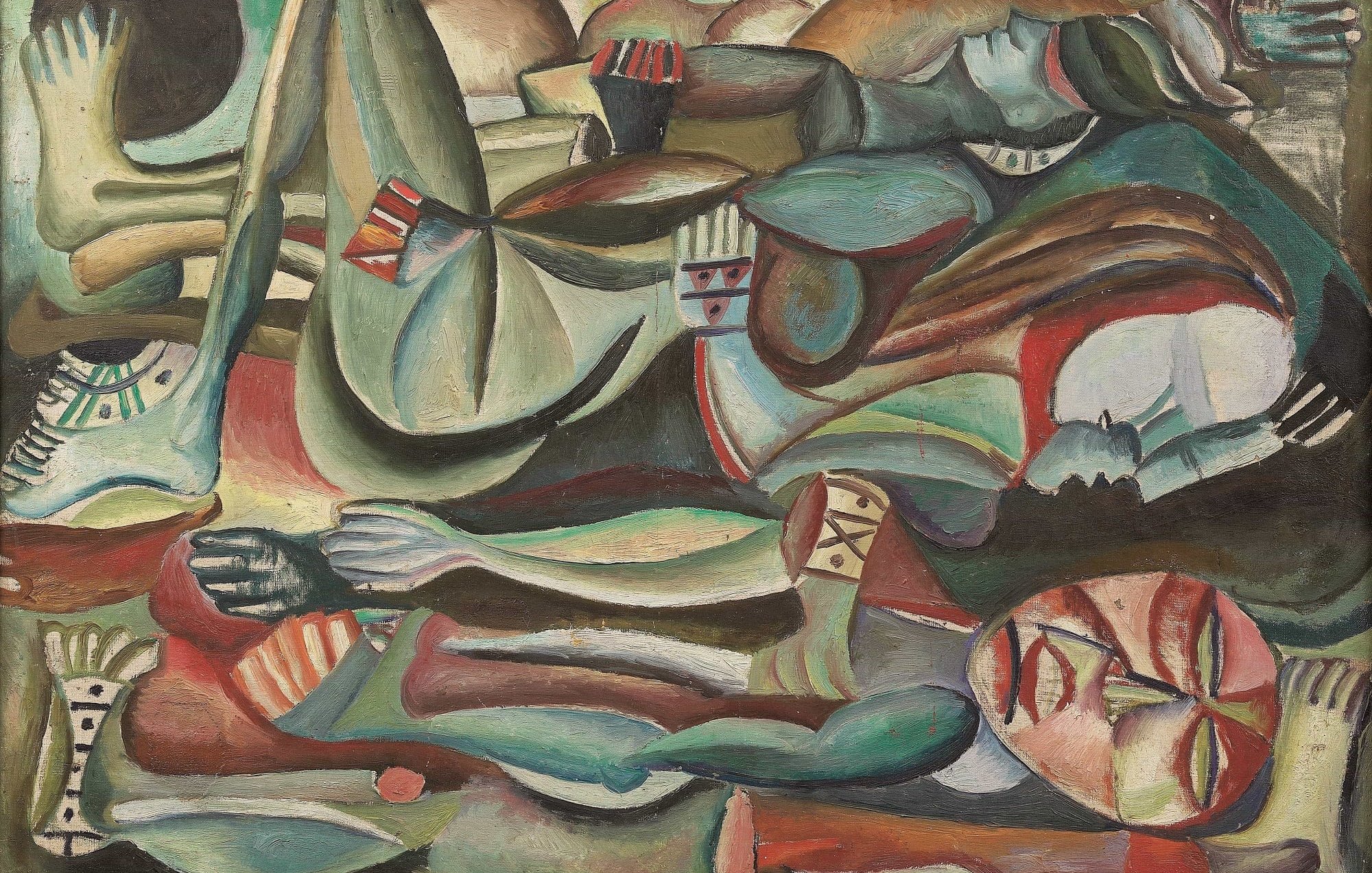 Cette image représente une composition abstraite, caractéristique de l'art moderne. On y voit des formes humaines stylisées et déformées, disposées de manière chaotique. Les figures sont peintes dans des teintes variées, comprenant des verts, des rouges et des bleus, avec des traits géométriques et des motifs qui suggèrent une certaine fragmentation. L'ensemble donne une impression de mouvement et d'émotion, évoquant des thématiques liées à la vie et à la mortalité. Les personnages semblent interagir les uns avec les autres dans un contexte troublant, invitant à l'interprétation.