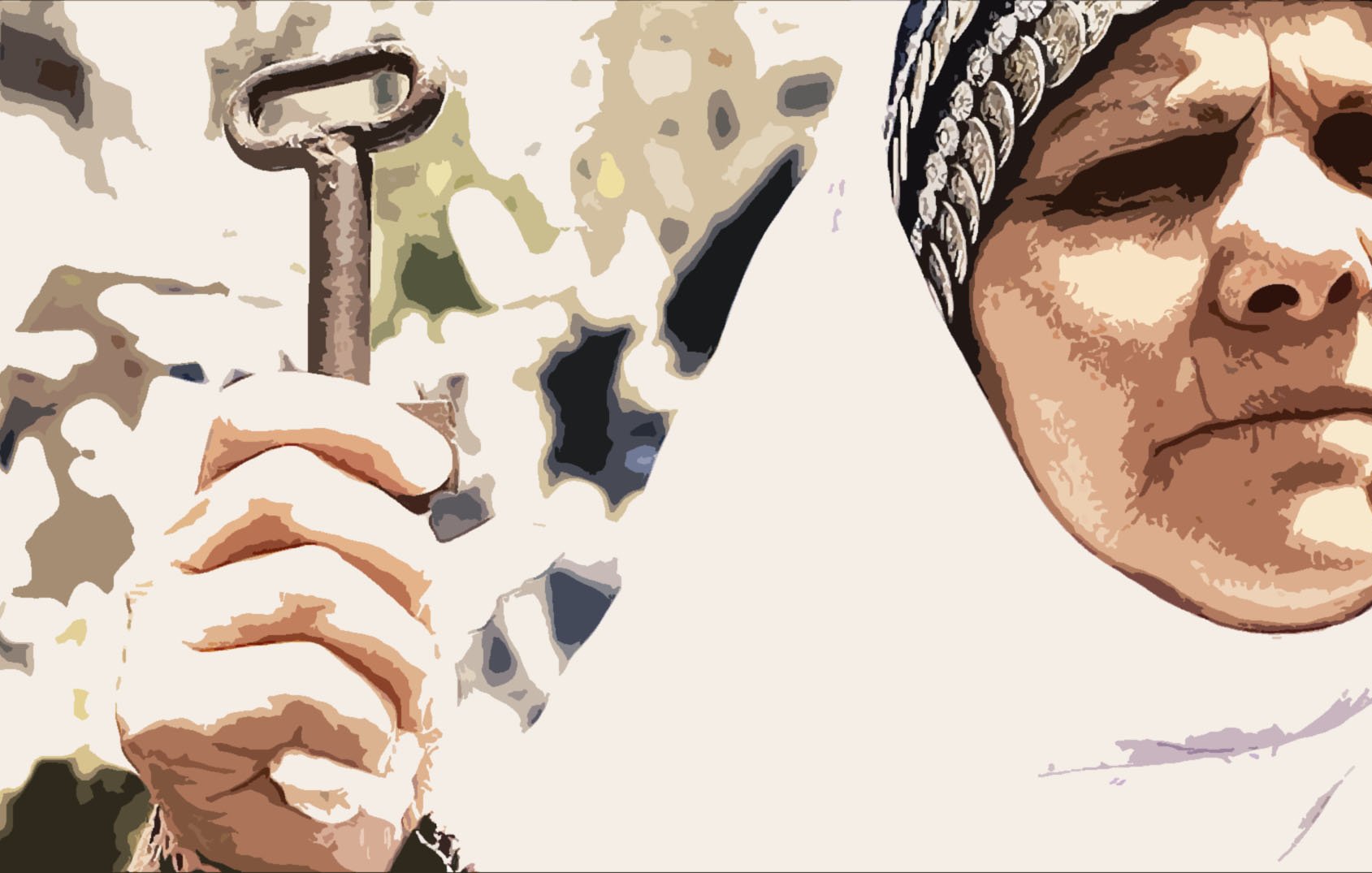 L'image montre une femme portant un foulard, qui tient une grande clé. Son expression semble sérieuse et déterminée. Le fond est flou, ce qui met en avant son visage et l'objet qu'elle brandit. La clé pourrait symboliser l'accès ou la mémoire d'un lieu important. L'ensemble de l'image a un style artistique, rappelant une illustration.