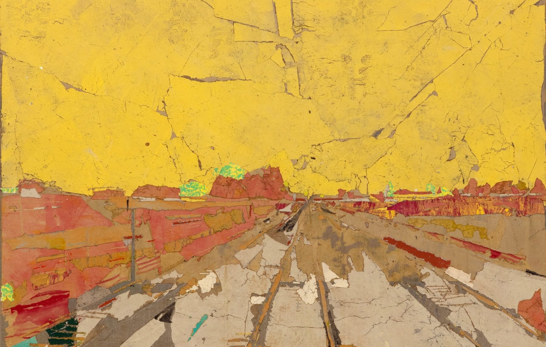 L'image montre une scène abstraite où les couleurs dominantes sont le jaune et le rouge, créant une atmosphère vibrante. Des lignes suggèrent un chemin ou une route, avec des textures qui semblent usées ou vieillies. Les détails flous à l'arrière-plan évoquent des formes de paysage, tandis que la palette de couleurs donne une impression de chaleur et d'énergie. Dans l'ensemble, l'œuvre dégage une sensation de mouvement et de profondeur, malgré son style graphique.