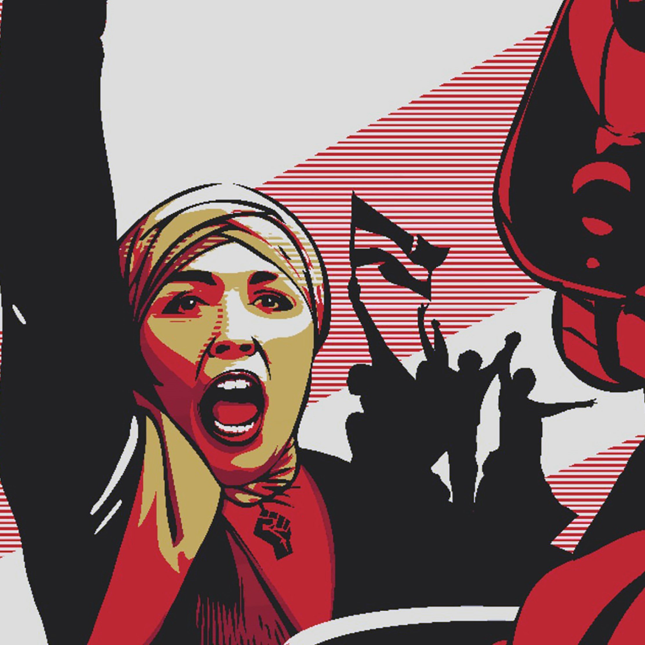 L'image présente une scène dynamique et expressive. Au premier plan, on peut voir une jeune femme levant le poing en l'air, manifestant une forte émotion, probablement de la détermination ou de la révolte. Elle porte un foulard, ce qui peut suggérer un contexte culturel ou politique. En arrière-plan, des silhouettes de personnes semblent défiler, brandissant des drapeaux, créant une atmosphère de protestation ou de mouvement social. Les couleurs dominantes sont le rouge et le noir, ajoutant à l'intensité de la scène. L'ensemble dégage une énergie militante et engagée.