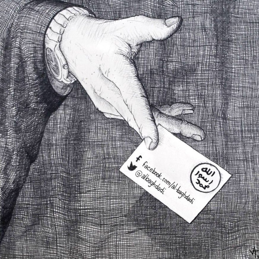 L'image montre une main qui tient une carte blanche. La carte est ornée d'un texte en arabe, ainsi que de symboles et de liens vers des réseaux sociaux. Le tout est dessiné avec un style de croquis détaillé, mettant en avant des textures et des ombres. L'ensemble évoque un message ou une déclaration, mais le contenu précis de la carte n'est pas décrit.