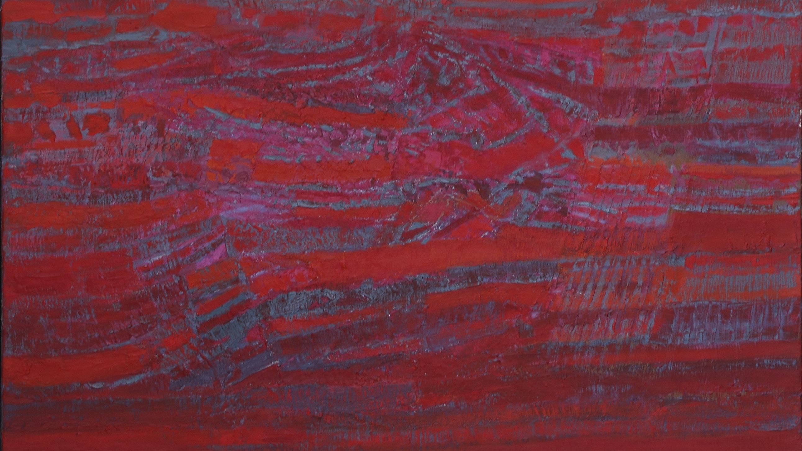 Cette image représente une œuvre abstraite dominée par des tons de rouge, avec des nuances de violet et des textures variées. Les coups de pinceau créent des motifs dynamiques qui s'entrelacent, ajoutant une profondeur et une richesse visuelle à la composition. Les couleurs chaudes et vives évoquent une certaine énergie et passion, tandis que les détails subtils apportent une complexité intéressante à l'ensemble.