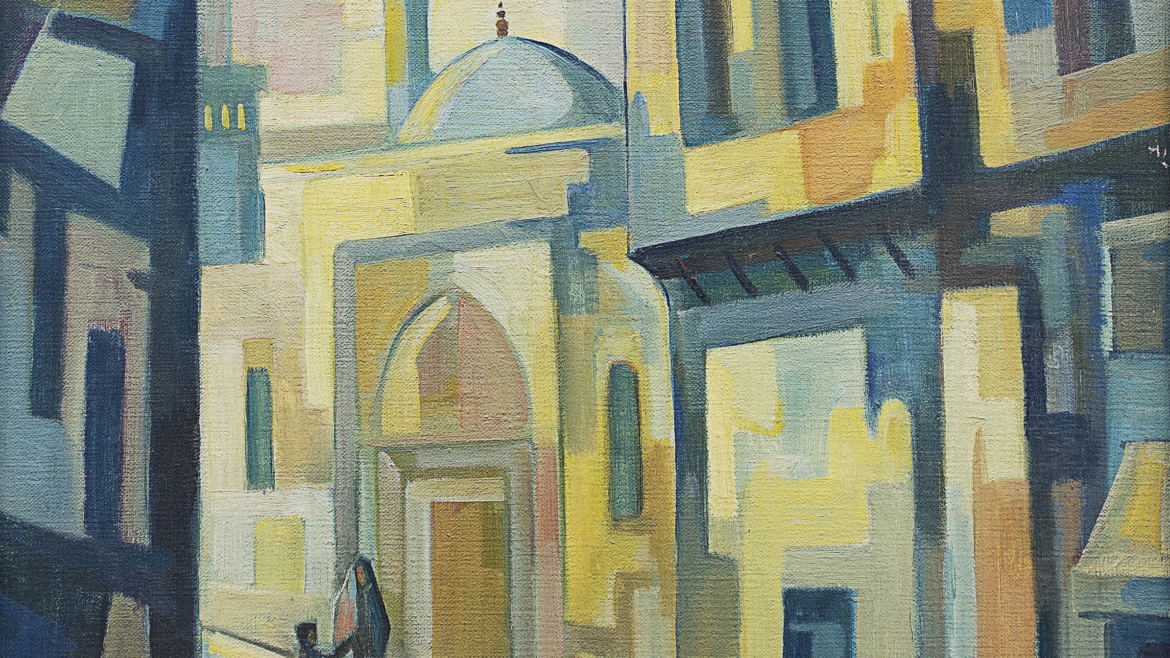 L'image représente une scène urbaine stylisée. On y voit une rue étroite bordée de bâtiments aux formes géométriques et aux couleurs chaudes. Au fond, une mosquée avec un dôme et un minaret émerge, contrastant avec l'environnement. Deux silhouettes, probablement un adulte et un enfant, marchent main dans la main, créant une atmosphère chaleureuse et paisible. La lumière se déverse sur les murs, mettant en valeur les teintes dorées et créant une sensation de calme et d'intimité.