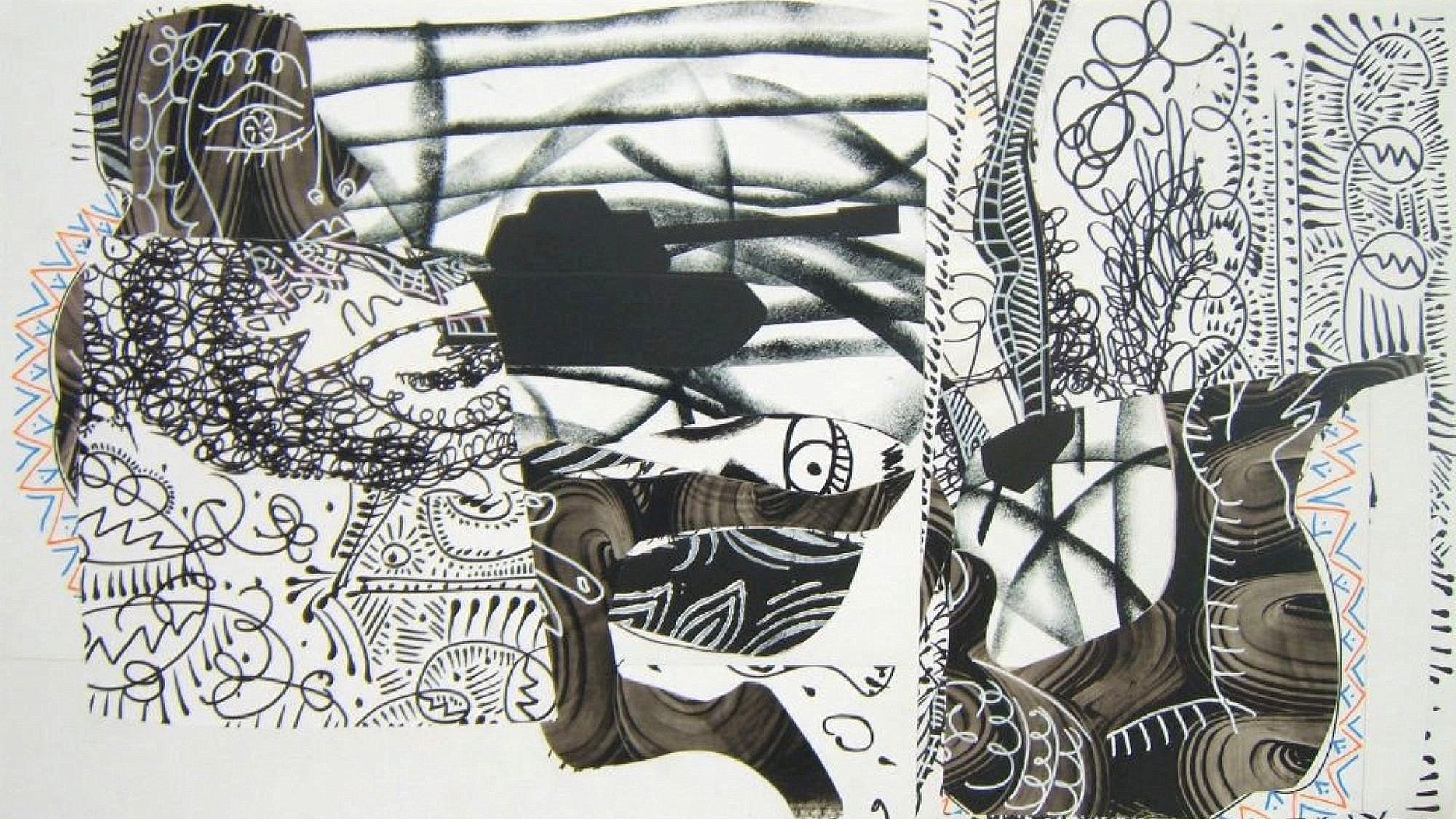 L'image présente une composition artistique abstraite, mélangeant des formes organiques et géométriques. On y trouve des éléments comme des silhouettes, des motifs en noir et blanc, ainsi que des dessins enchevêtrés qui créent une impression de mouvement et de profondeur. Les textures variées et les lignes complexes semblent interagir, évoquant une atmosphère à la fois mystérieuse et dynamique. Des éléments de la nature, comme des arbres ou des yeux stylisés, ajoutent une dimension symbolique à l'ensemble.