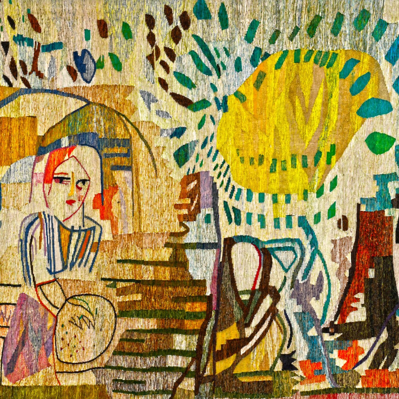 L'image présente une scène stylisée et colorée, caractérisée par des formes géométriques et des motifs abstraits. On y voit une figure humaine, probablement une femme, assise dans un environnement qui évoque la nature, avec des éléments qui pourraient représenter des arbres ou des plantes. Les couleurs sont vives et variées, contribuant à une atmosphère dynamique et expressive. L'ensemble de l'œuvre semble inspirer une fraîcheur et une créativité jouant sur les contrastes et les textures.