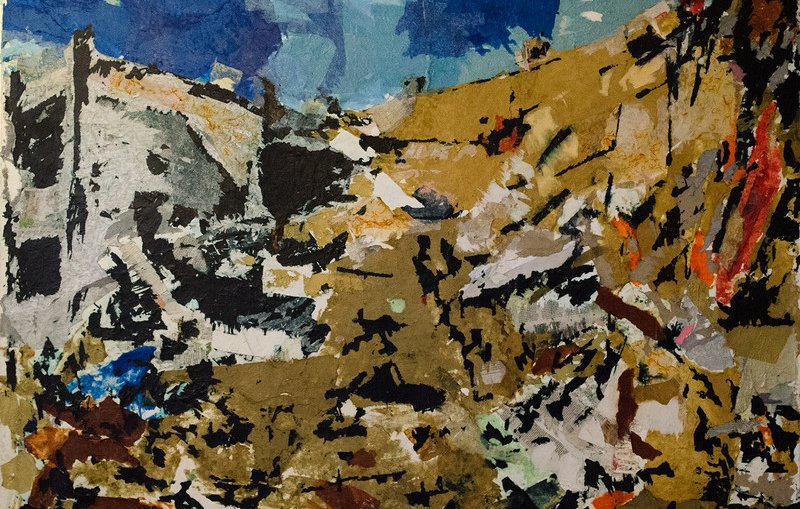 Cette image semble être une œuvre d'art abstraite, caractérisée par des formes géométriques et des couleurs variées. On peut y observer des tons de bleu, de marron et des touches de rouge, ce qui crée une ambiance dynamique. Les textures semblent aussi jouer un rôle important, donnant une impression de profondeur et de mouvement. L'ensemble évoque un paysage ou une scène naturelle, mais de manière stylisée et non figurative.