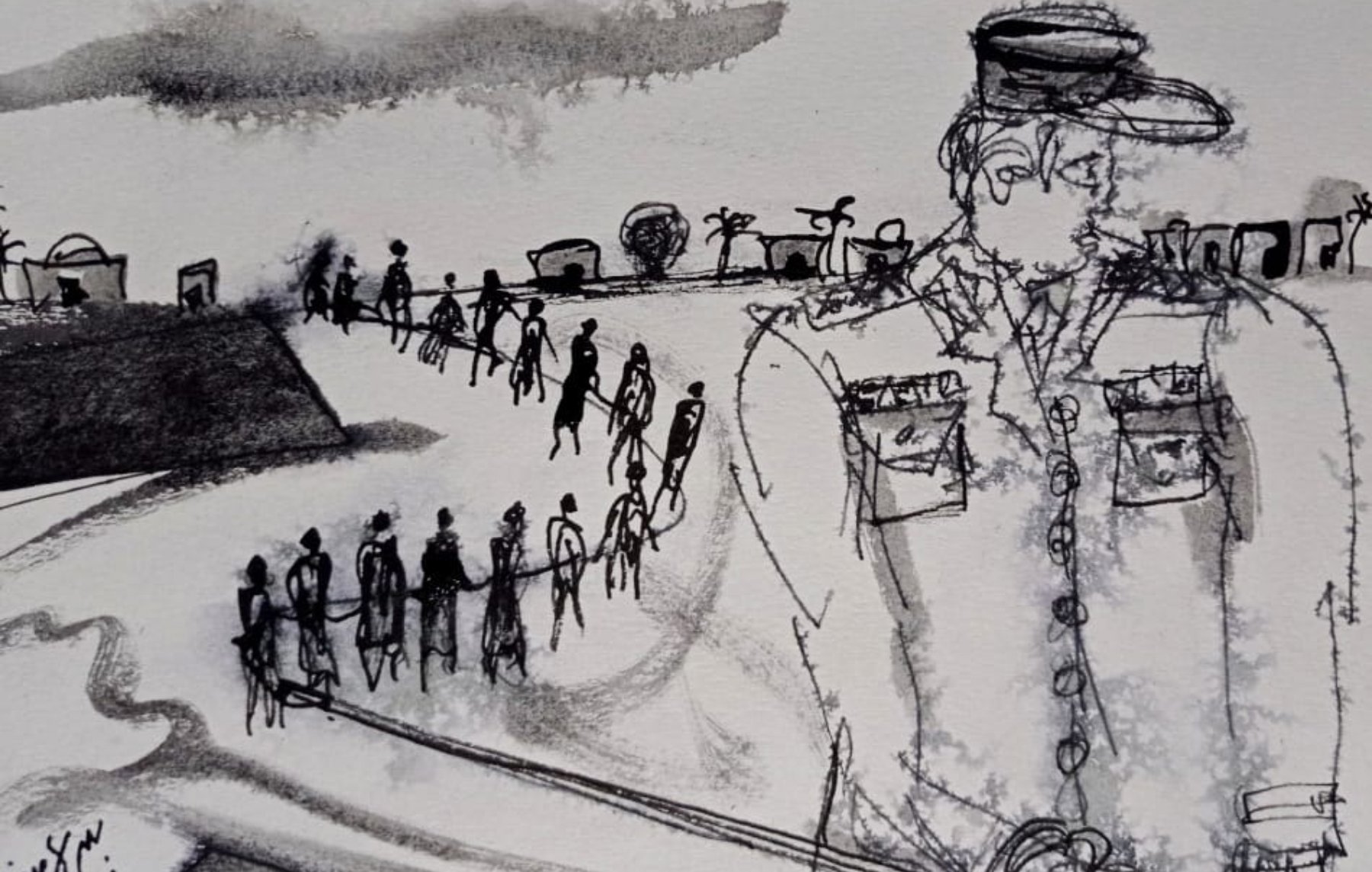 Un homme en uniforme se tient devant une foule en ombres, sur un fond mélancolique.